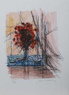 Fleurs et Barges-L. E. Print, Signed by Artist (Artist Signature is Illegible)