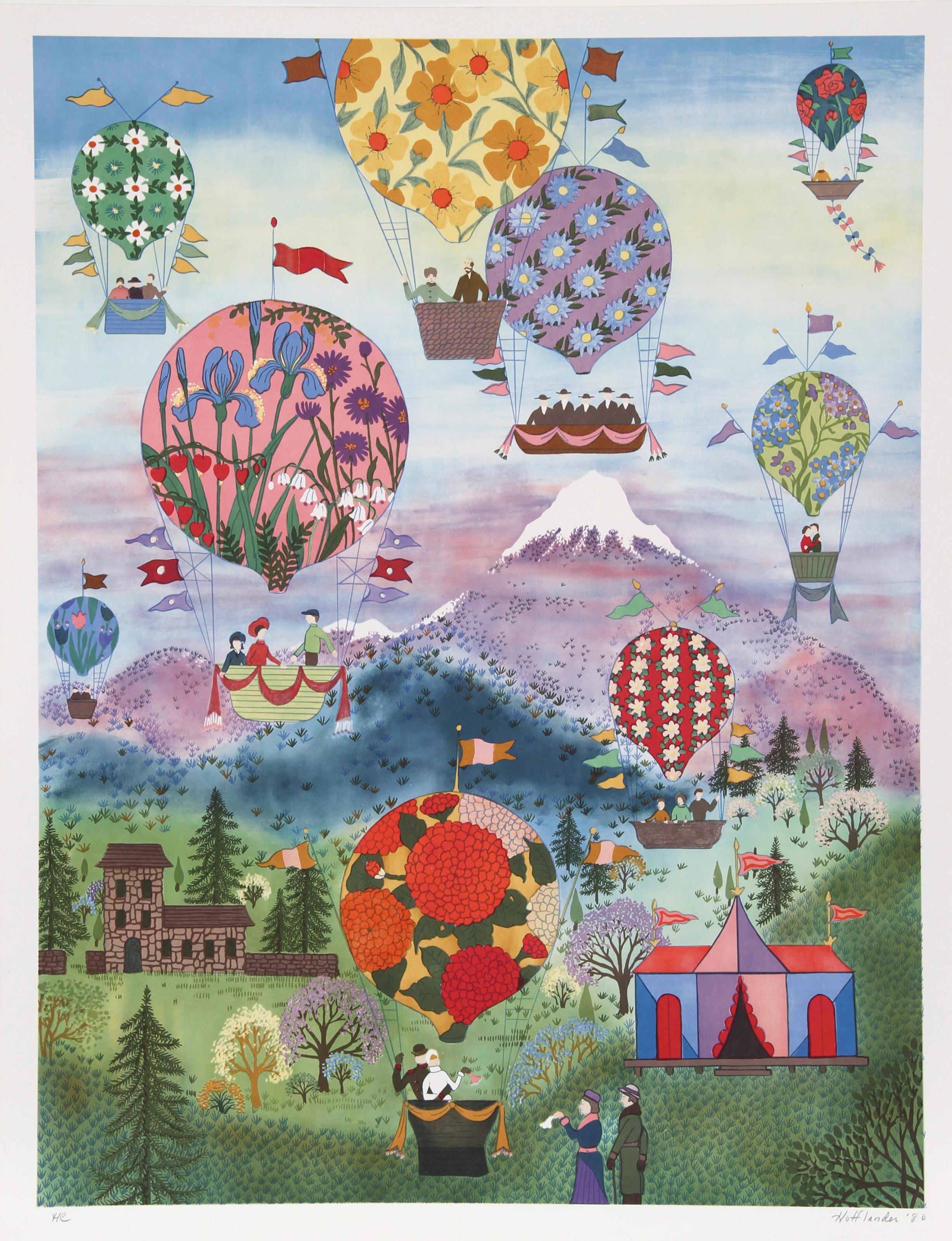 Jack Hofflander, estadounidense (1920 - 2003) - Globos Florales, Año:  1980, Medio:  Serigrafía, firmada y numerada a lápiz, Edición:  250, 30 AP, Tamaño de la imagen:  30 x 22 pulgadas, Tamaño:  86,36 cm x 66,04 cm, Descripción:  Volando a gran