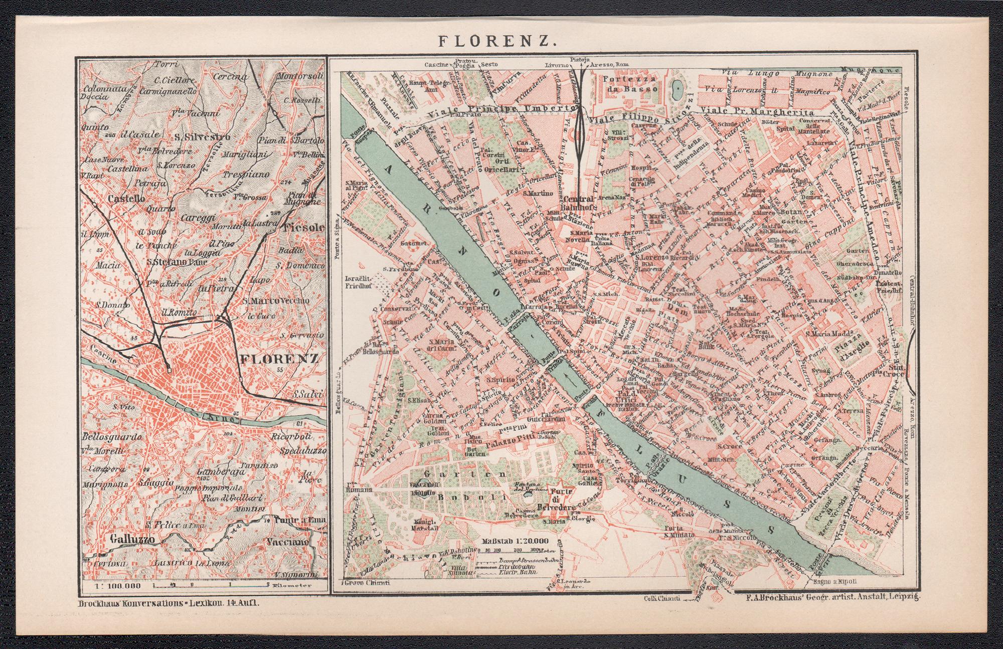 Florence, Italy. Antique Map City Plan Chromolithograph, circa 1895 - Print by Unknown
