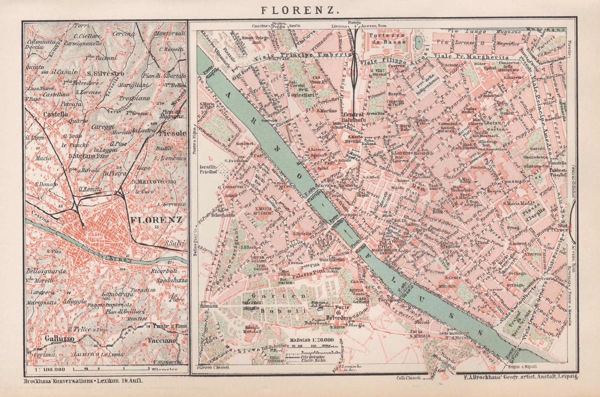 Florence, Italy. Antique Map City Plan Chromolithograph, circa 1895