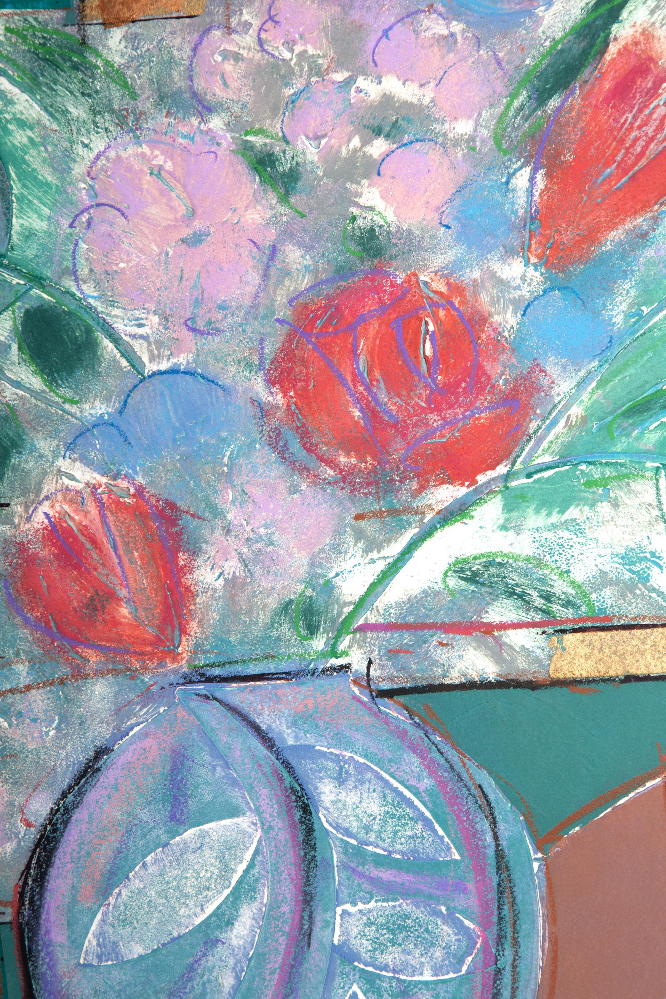 Flower Still Life, Abstract Monoprint and Mixed Media by Manuel Rodriguez Jr. For Sale 1