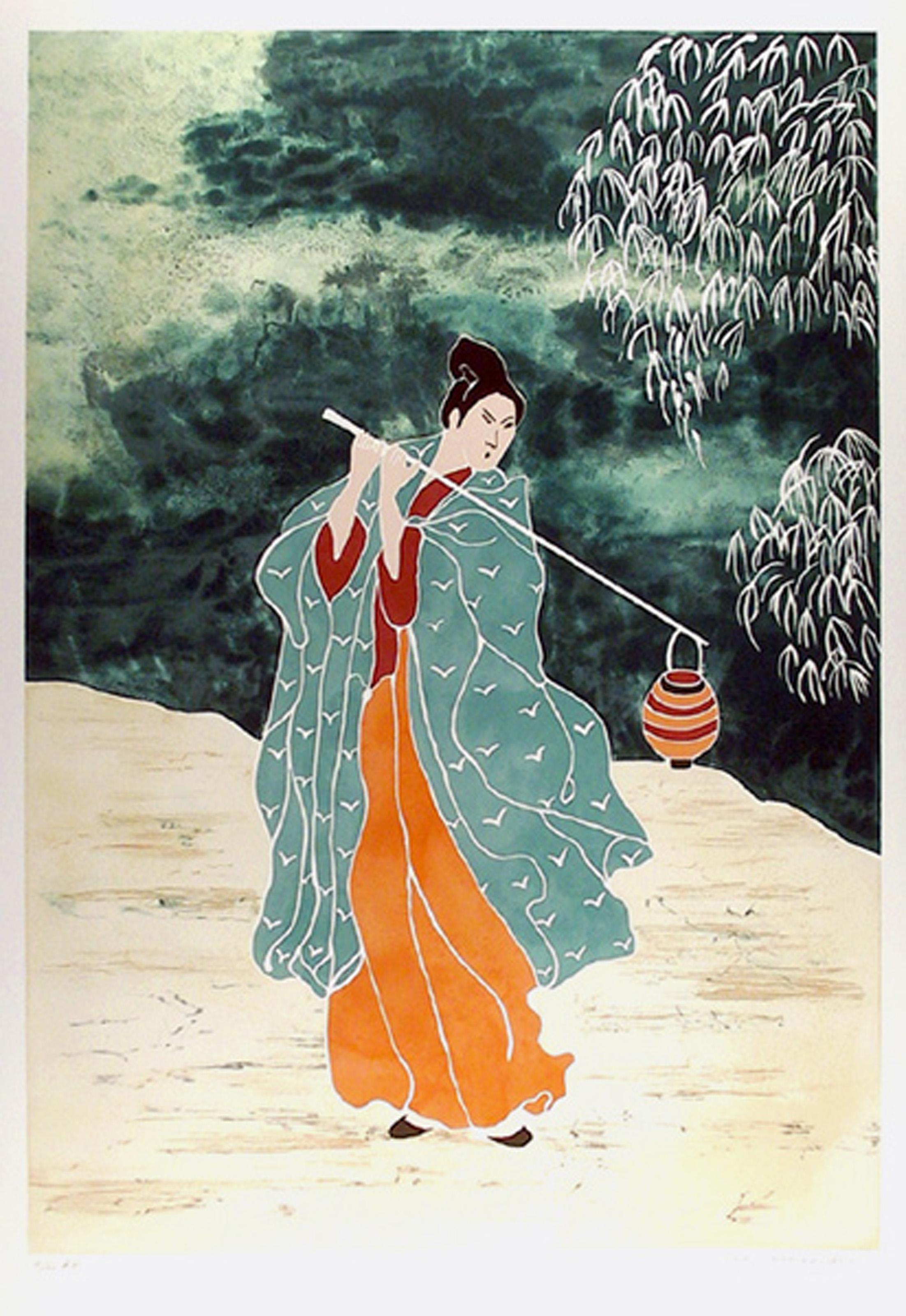 Gina Lombardi Bratter, American - Japanese Water Carrier, Year:  1979, Medium:  Lithograph, signed and numbered in pencil, Edition:  AP 40, Size:  36 in. x 24 in. (91.44 cm x 60.96 cm), Description:  Holding a water jug on a stick, the robed figure