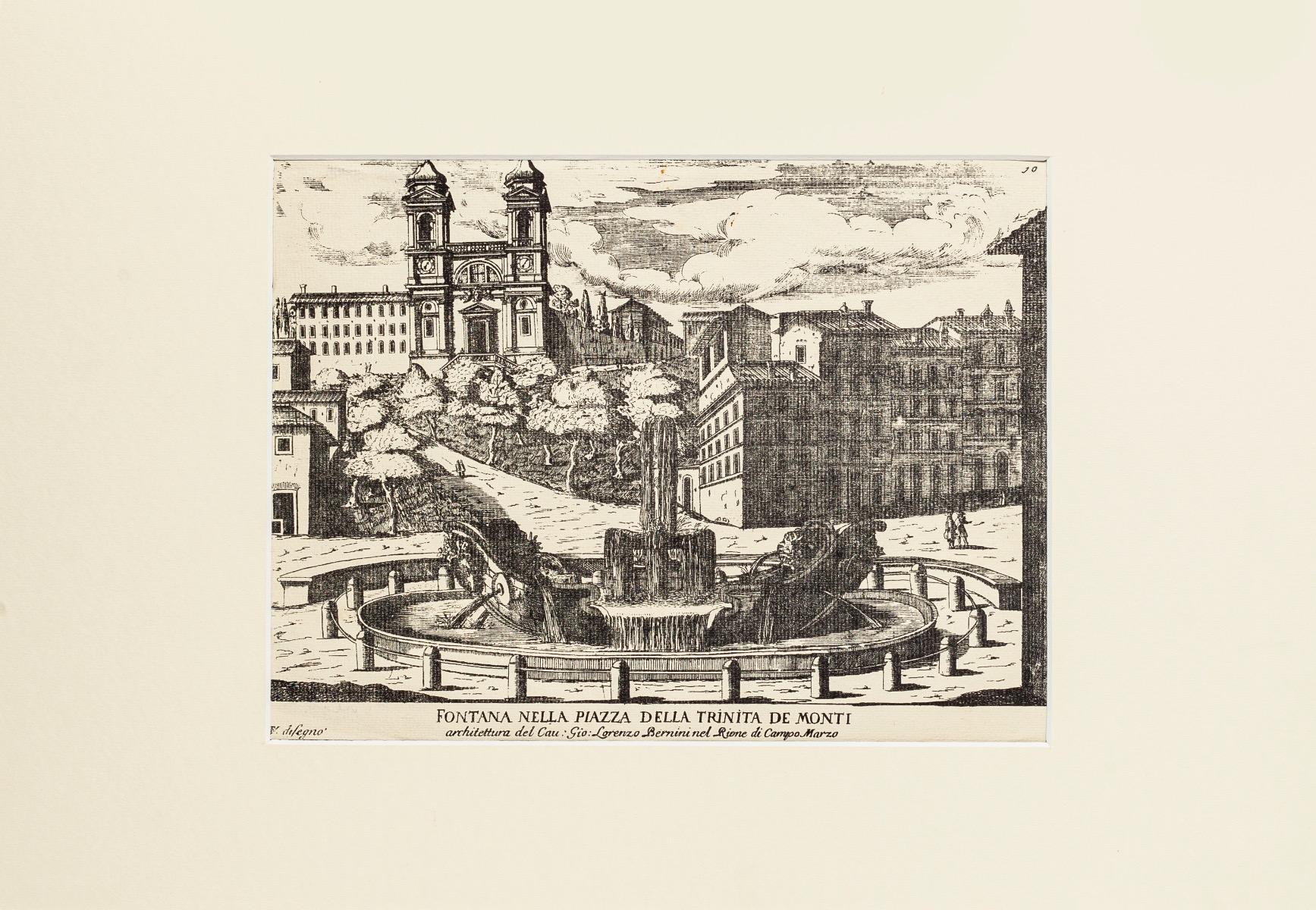 Unknown Landscape Print - Fontana nella Piazza della Trinità de Monti - Etching - Early 20th Century
