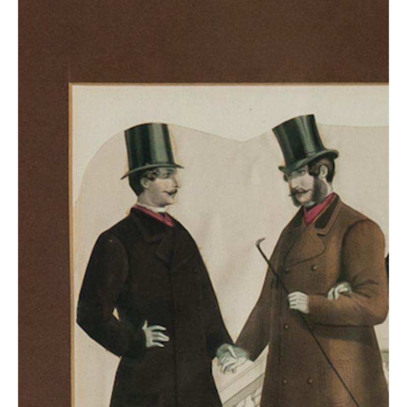 Dashing colour-plate depicting four elegant Edwardian gentlemen in bespoke overcoats & top hats

Art Sz: 9