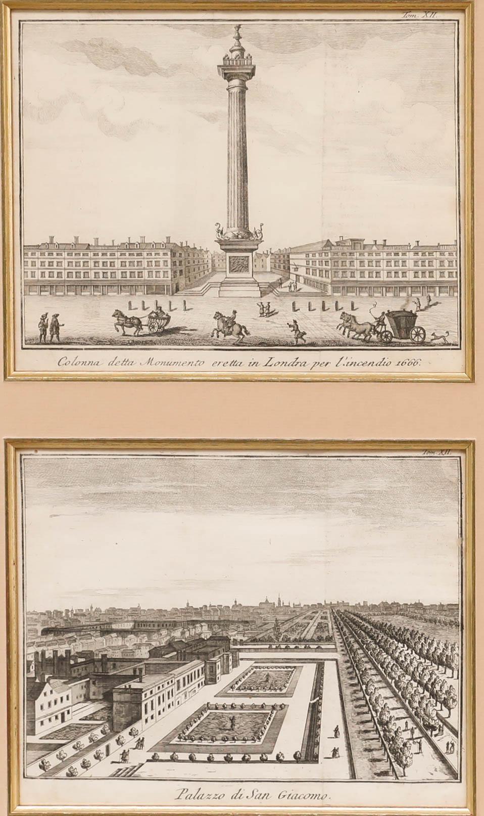 Framed 18th Century Engravings - The Monument & St. James's Palace - Print by Unknown