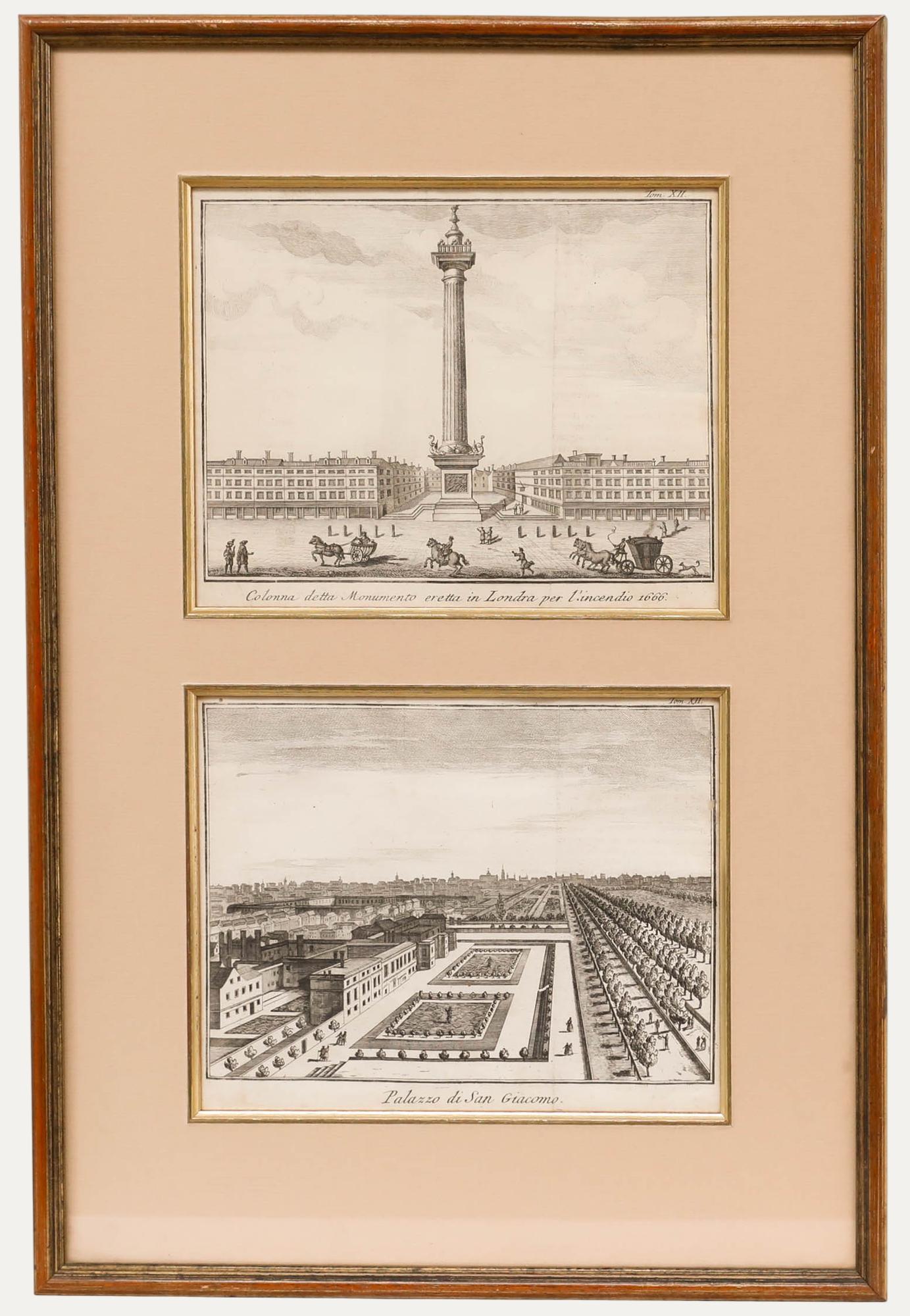 Framed 18th Century Engravings - The Monument & St. James's Palace