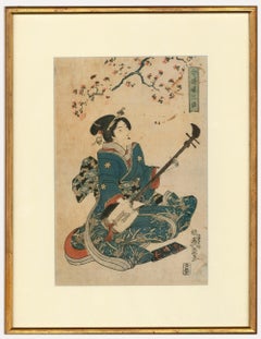 Used Framed 19th Century Japanese Woodblock - Three Songs