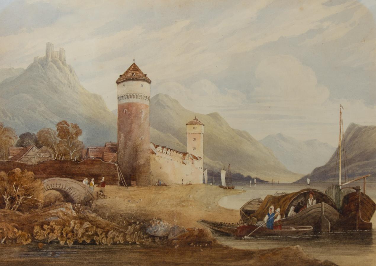 Framed 19th Watercolour - Continental Landscape with Castle - Print by Unknown