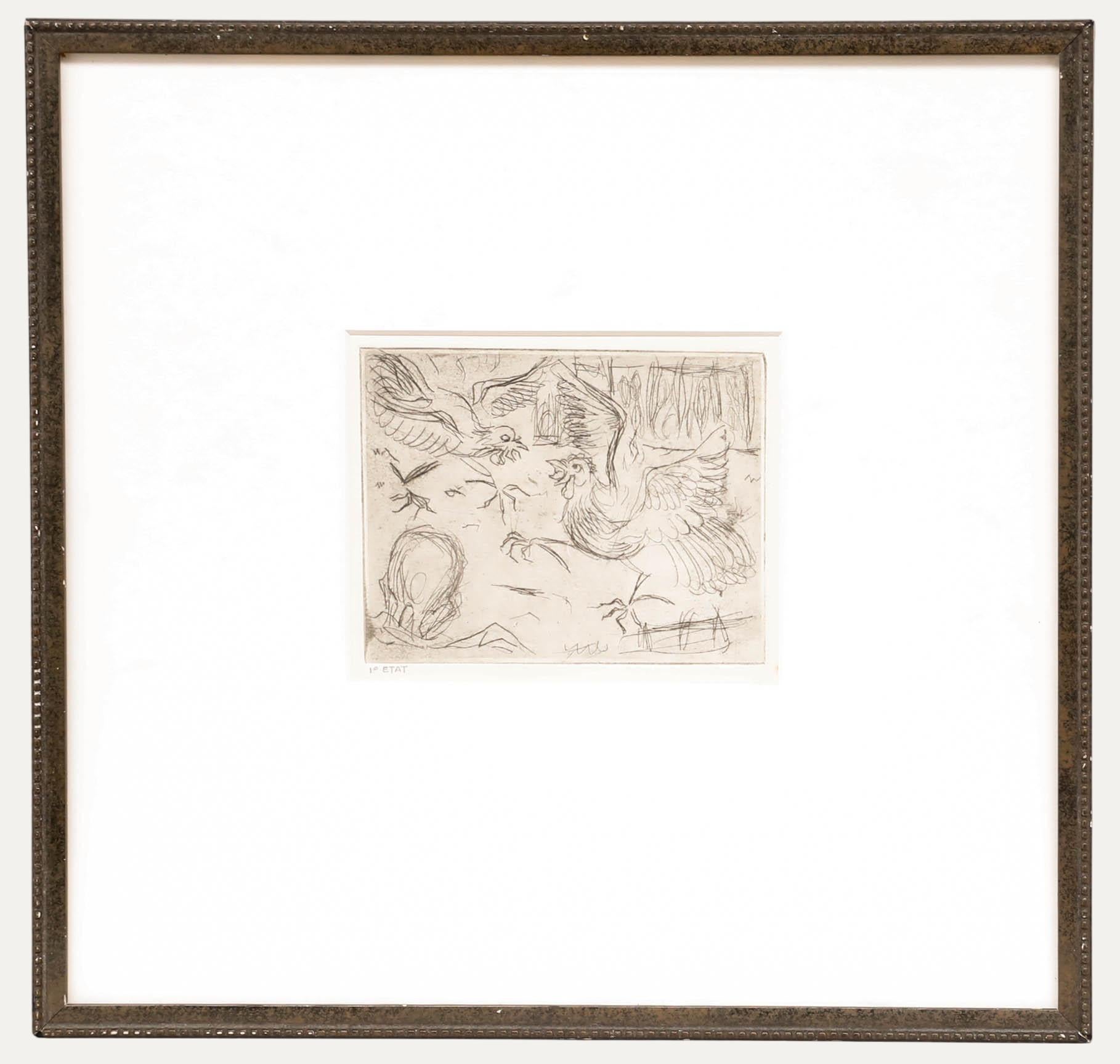 Unknown Animal Print - Framed 20th Century Etching - A Cock Fight