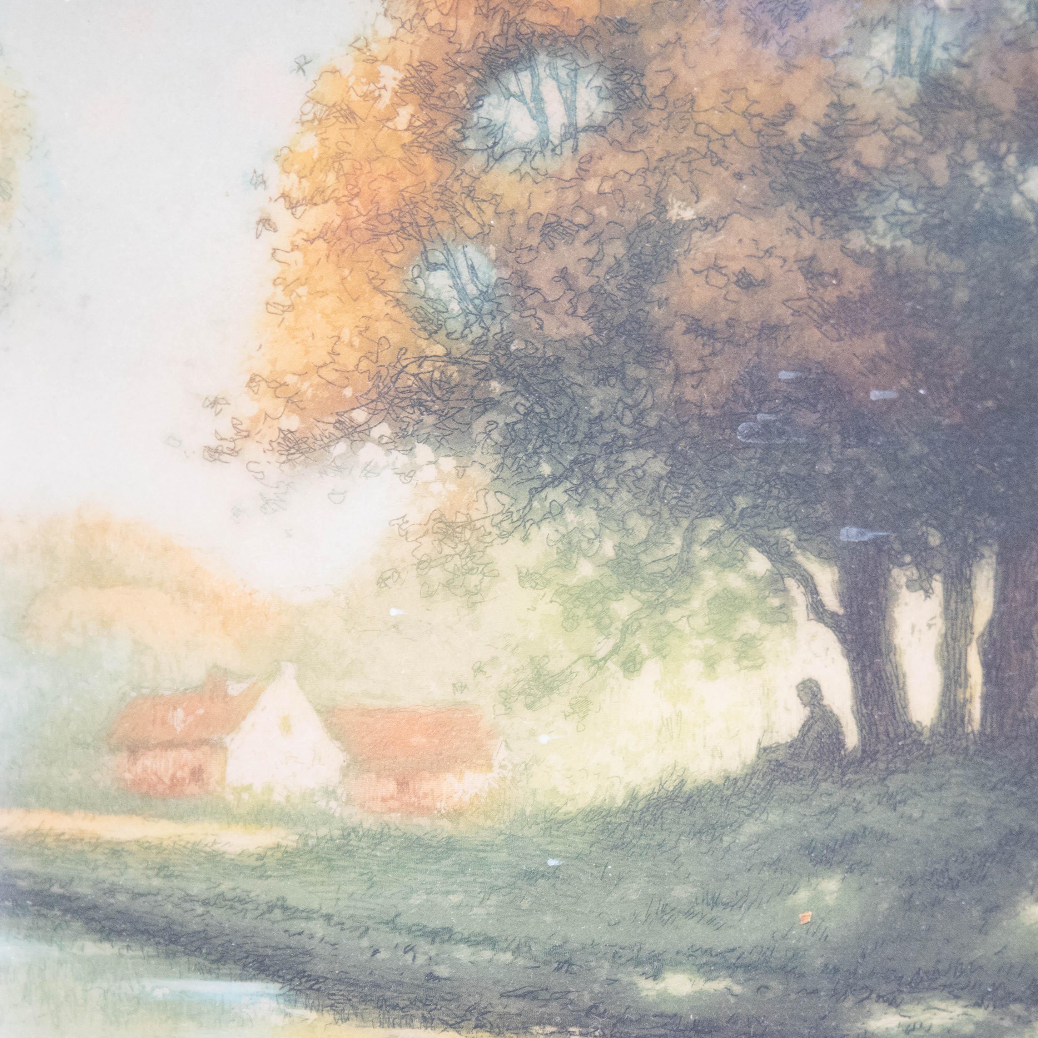 Gravure encadrée du début du 20e siècle - Lumière d'après-midi - Beige Landscape Print par Unknown