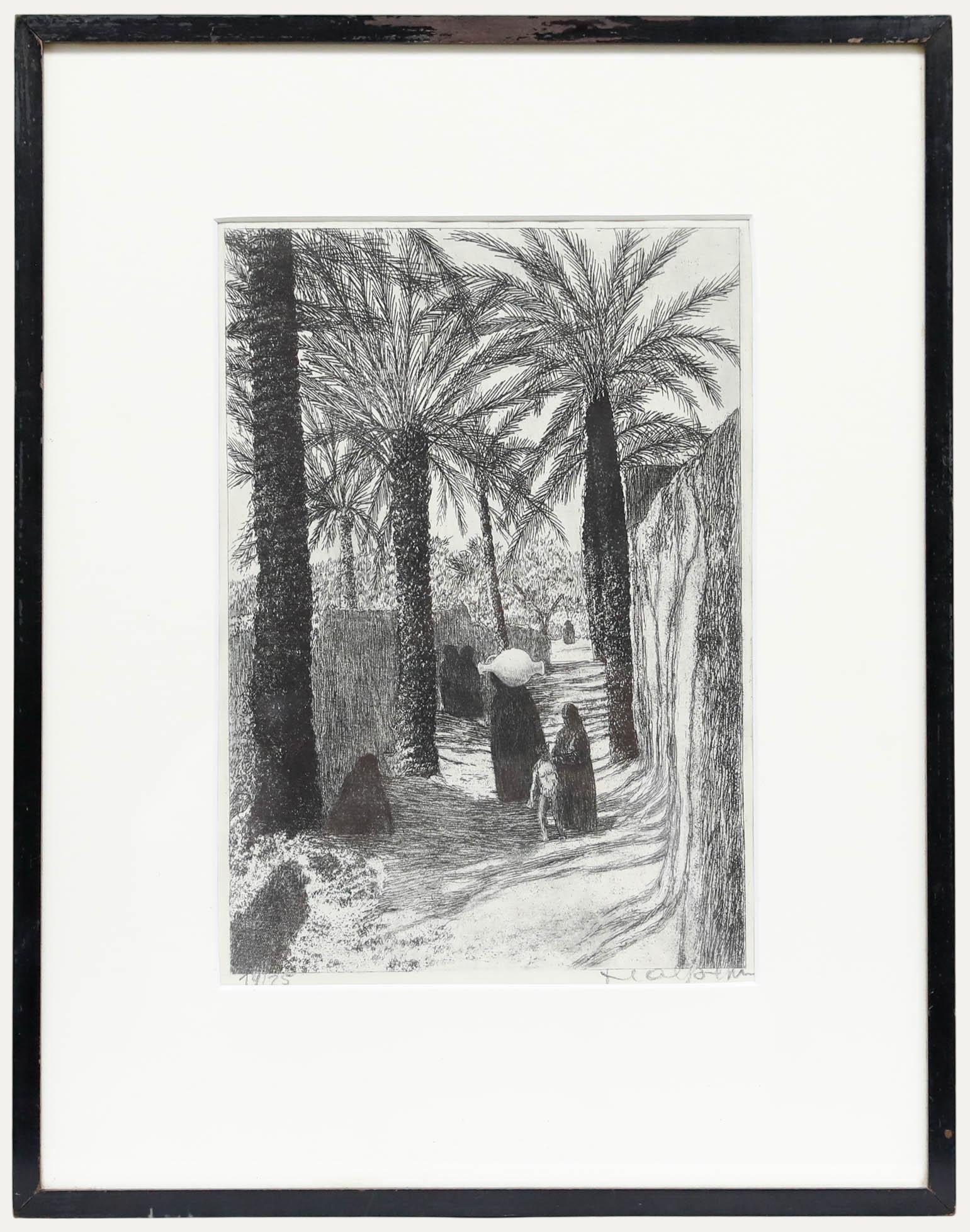 Unknown Figurative Print - Framed Early 20th Century Etching - By the Palm Trees