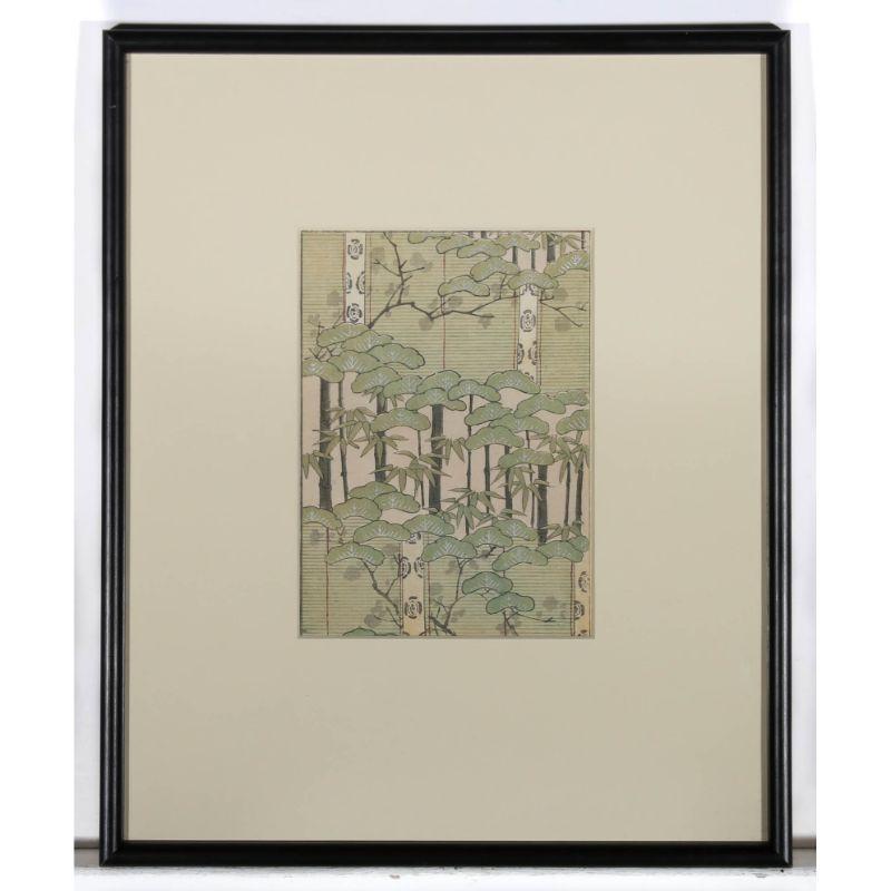 Illustrative in design- this exquisite Japanese woodblock has been split into thirds, with a bamboo grove running horizontal through the centre of the composition. The artist has captured the botanical scene in delicate shades of green, highlighted