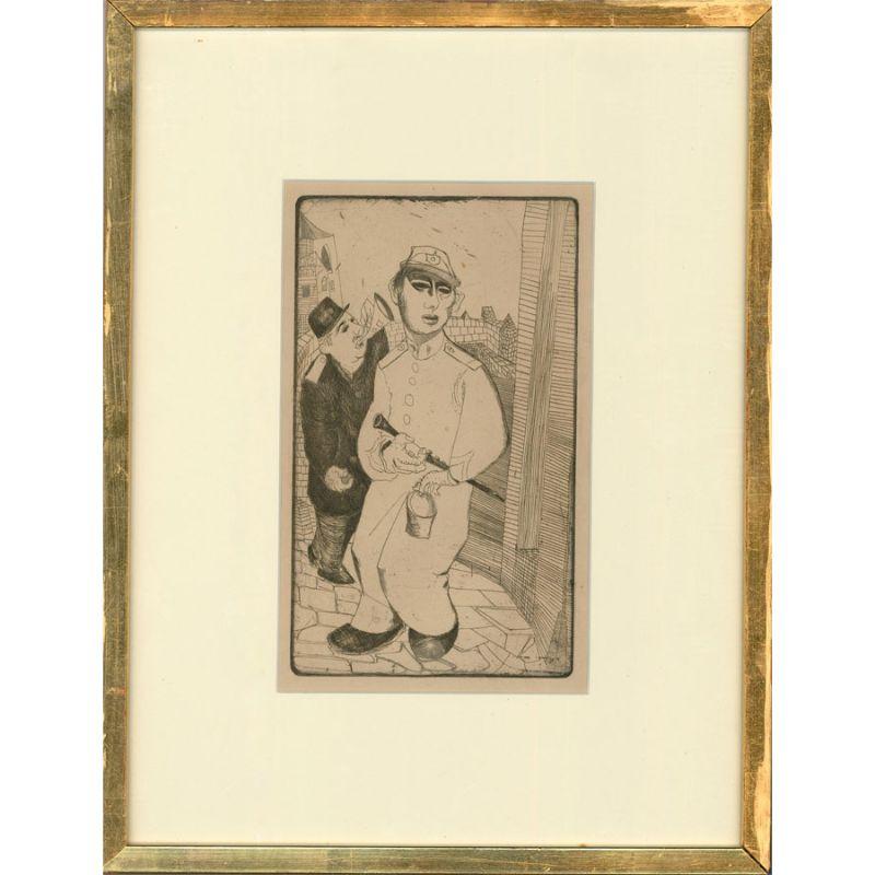 Unknown Figurative Print - Framed Mid 20th Century Etching - Buskers in Uniform