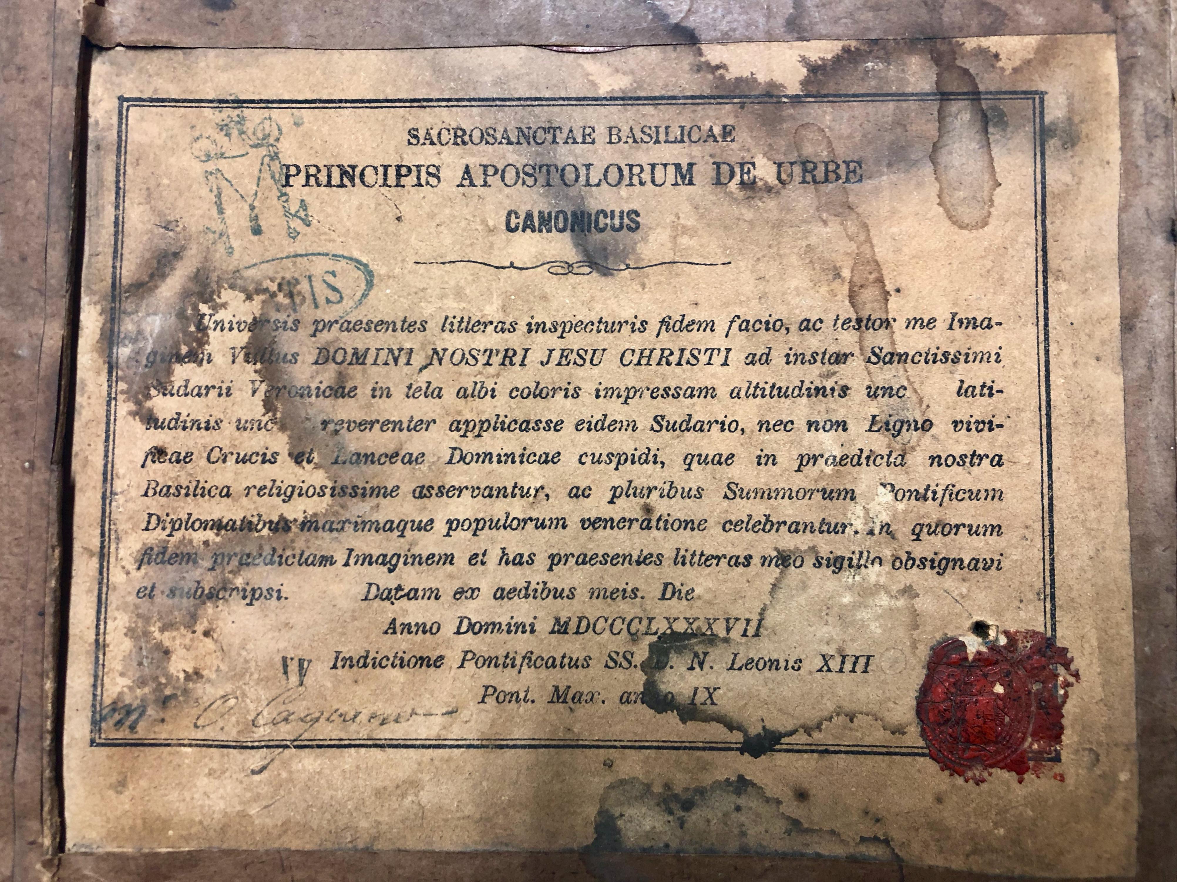 Framed Relic Image Of Veronica's Veil, With Vatican Seal And Stamp, Verso C.1887 For Sale 3