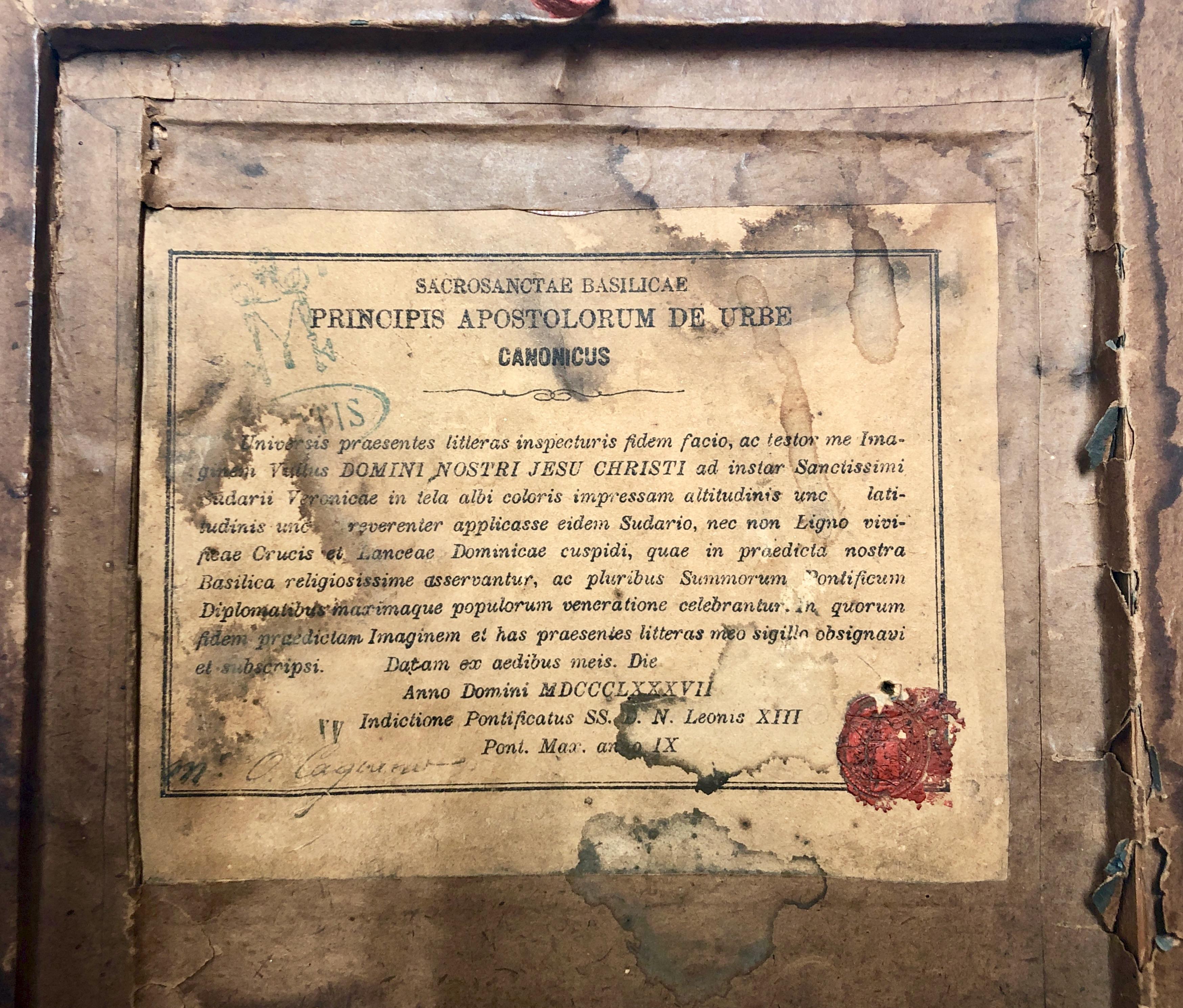 Framed Relic Image Of Veronica's Veil, With Vatican Seal And Stamp, Verso C.1887 For Sale 6