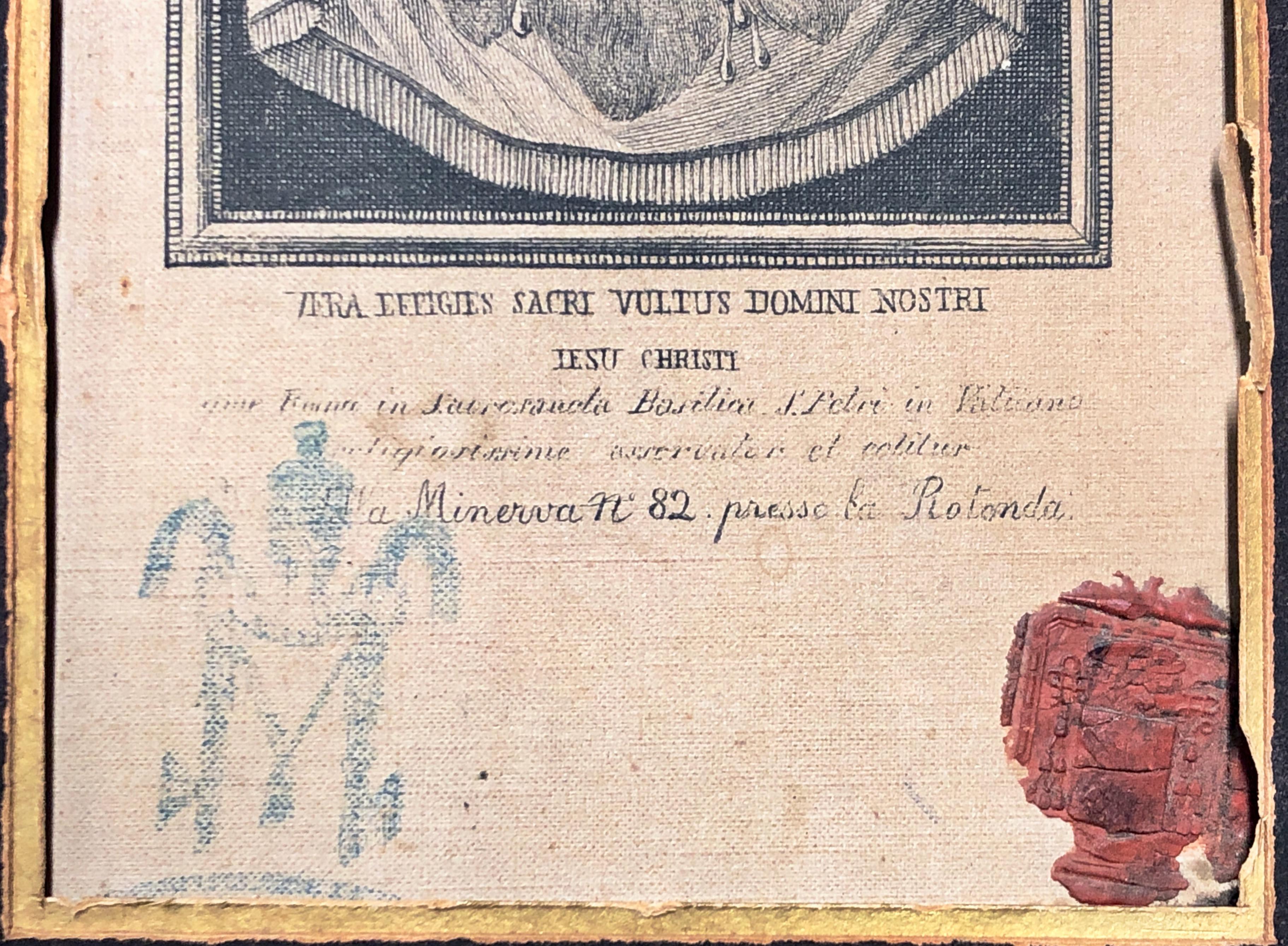 Framed Relic Image Of Veronica's Veil, With Vatican Seal And Stamp, Verso C.1887 - Beige Print by Unknown