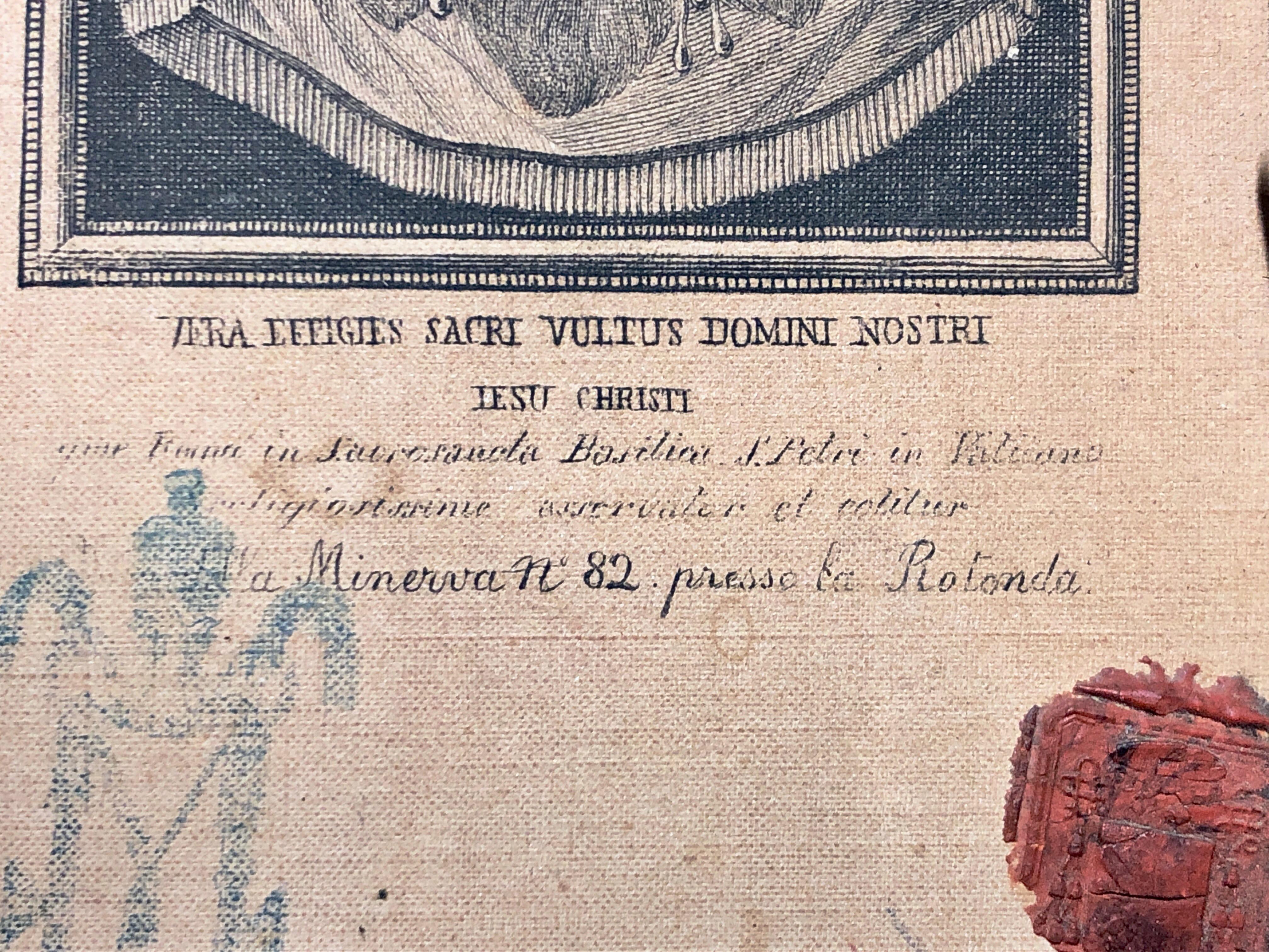 Framed Relic Image Of Veronica's Veil, With Vatican Seal And Stamp, Verso C.1887 For Sale 1
