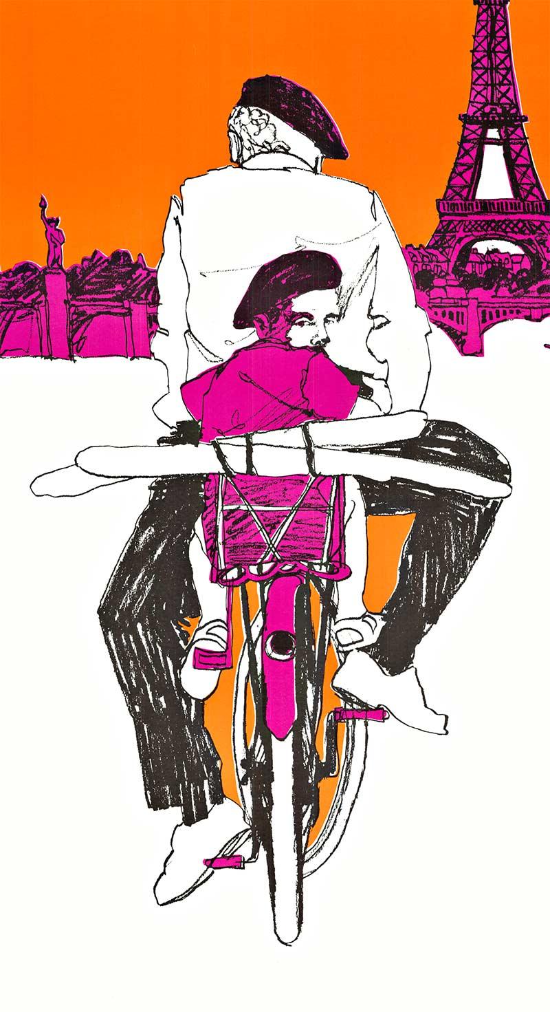 France via Bicycle and French Bread  serigraph - Orange Figurative Print by Unknown