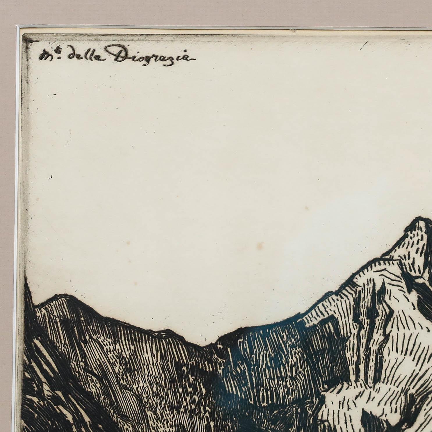 A striking etching by Francis Sydney Unwin depicting Monte Disgrazia in the Italian Alps. Titled within the plate to the upper left, and signed within the plate to the lower right. Well presented in a dark wooden frame with a light brown mount. On