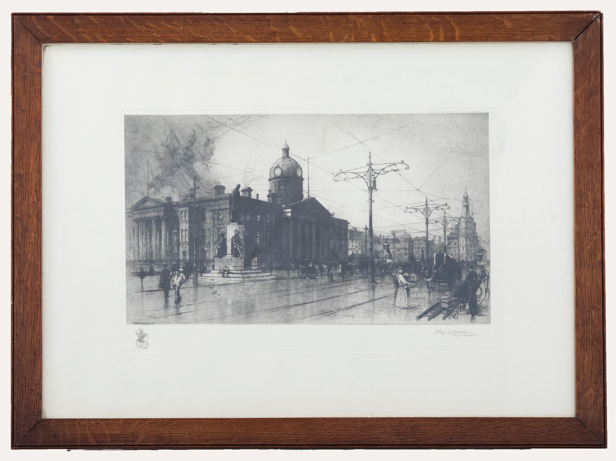 This striking monochrome etching from 1909, shows Manchester's Royal Infirmary with figures, trams and horse drawn carriages out front in Piccadilly Gardens. The etching has been signed and dated in plate to the lower left, with the publishers