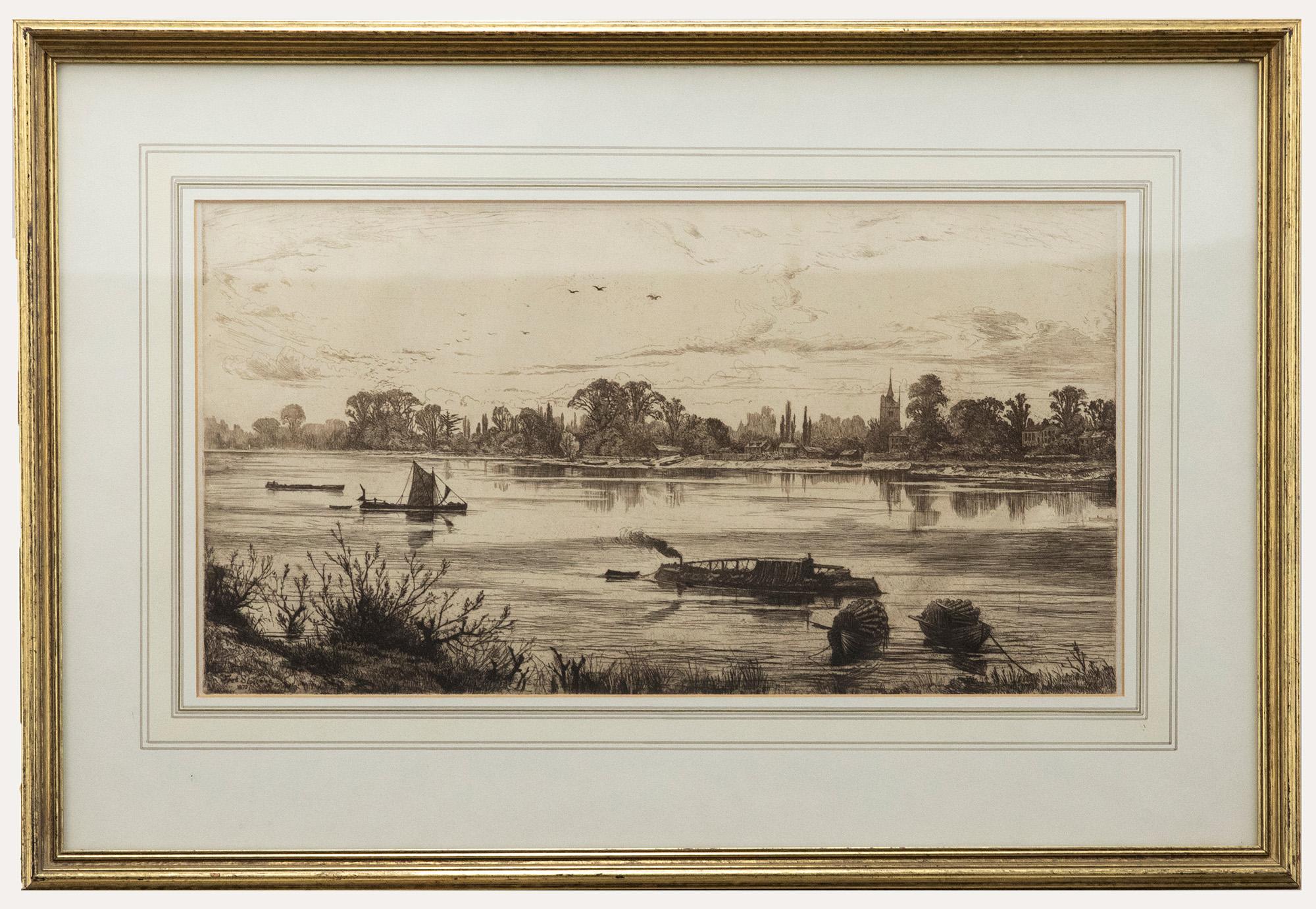 Unknown Landscape Print - Frederick Slocombe (1847-1920) - Framed 1872 Etching, Thames Scene with Boats