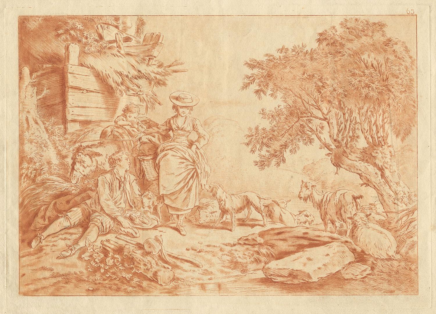 French 18th century bucolic scene, soft ground etching, style of Boucher, c1770,