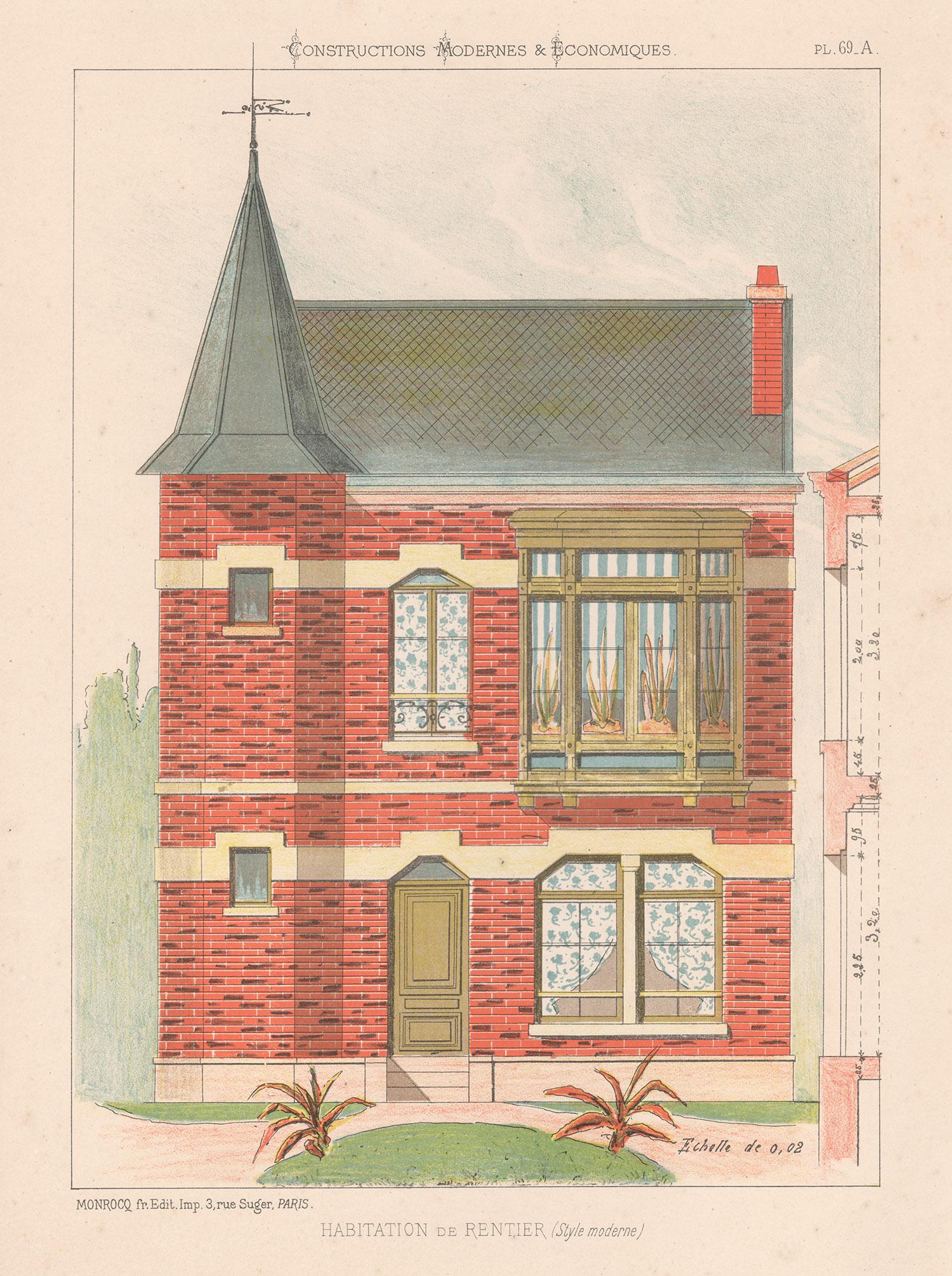 Unknown Landscape Print - French architecture house design lithograph, late 19th century, c1870