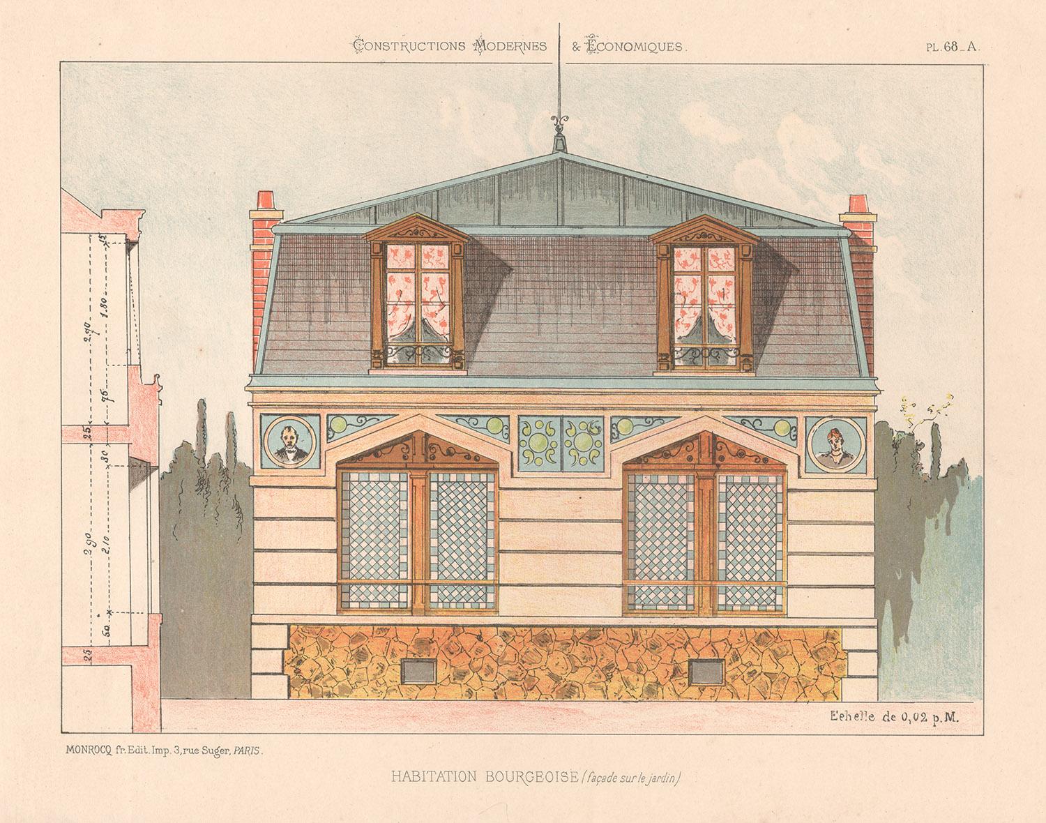 Lithographie d'une maison d'architecture française, fin du XIXe siècle, vers 1870