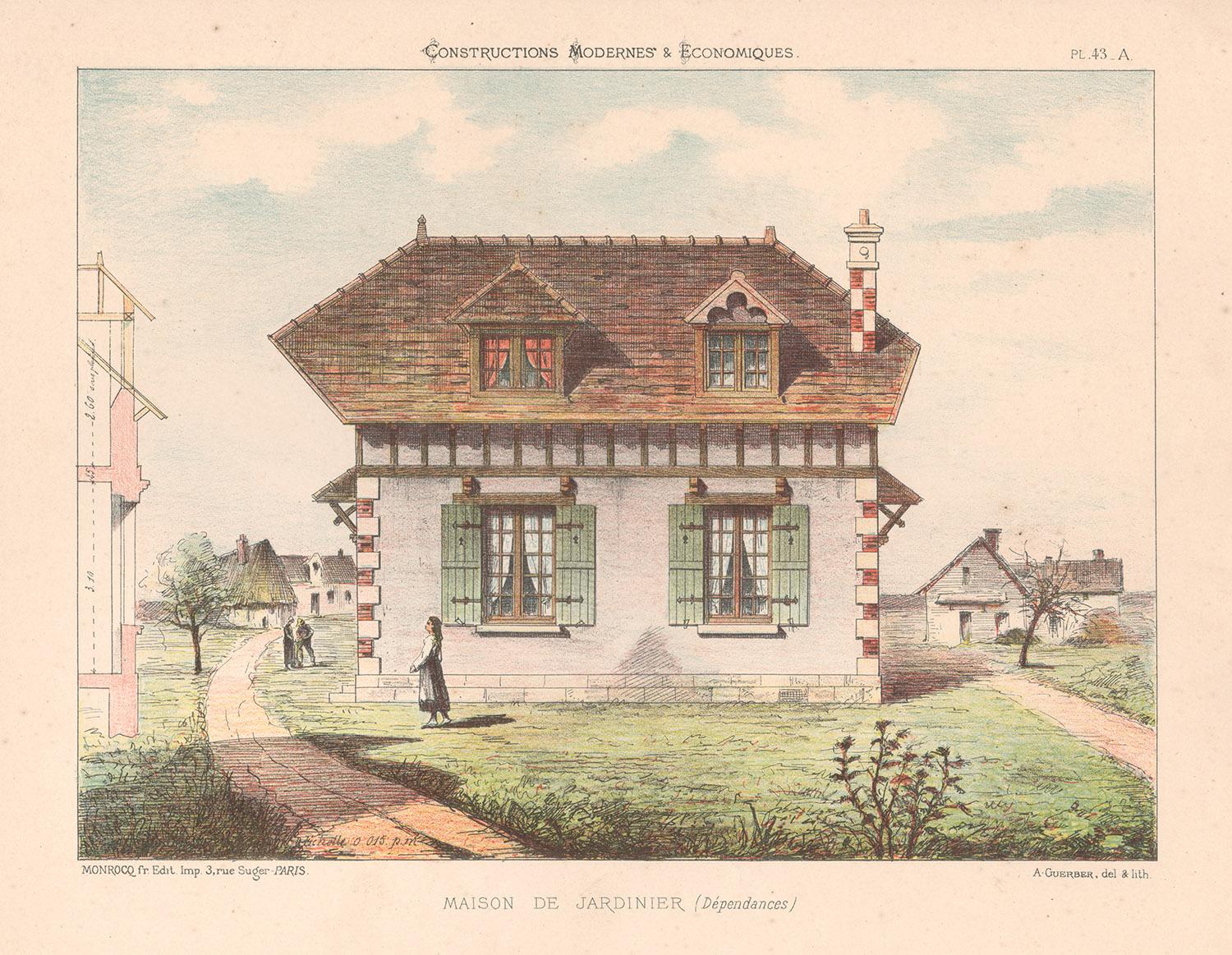 Unknown Landscape Print - French architecture house design lithograph, late 19th century, c1870