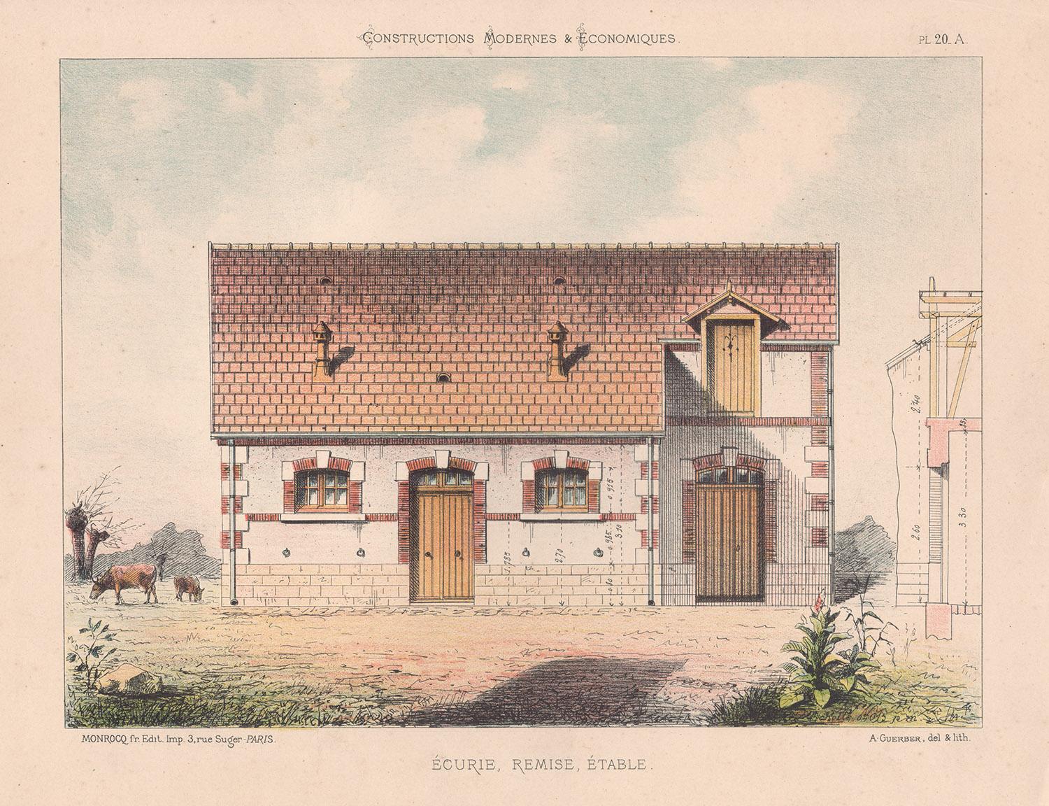 Lithographie d'architecture française, design de maison, fin du 19e siècle, c1870