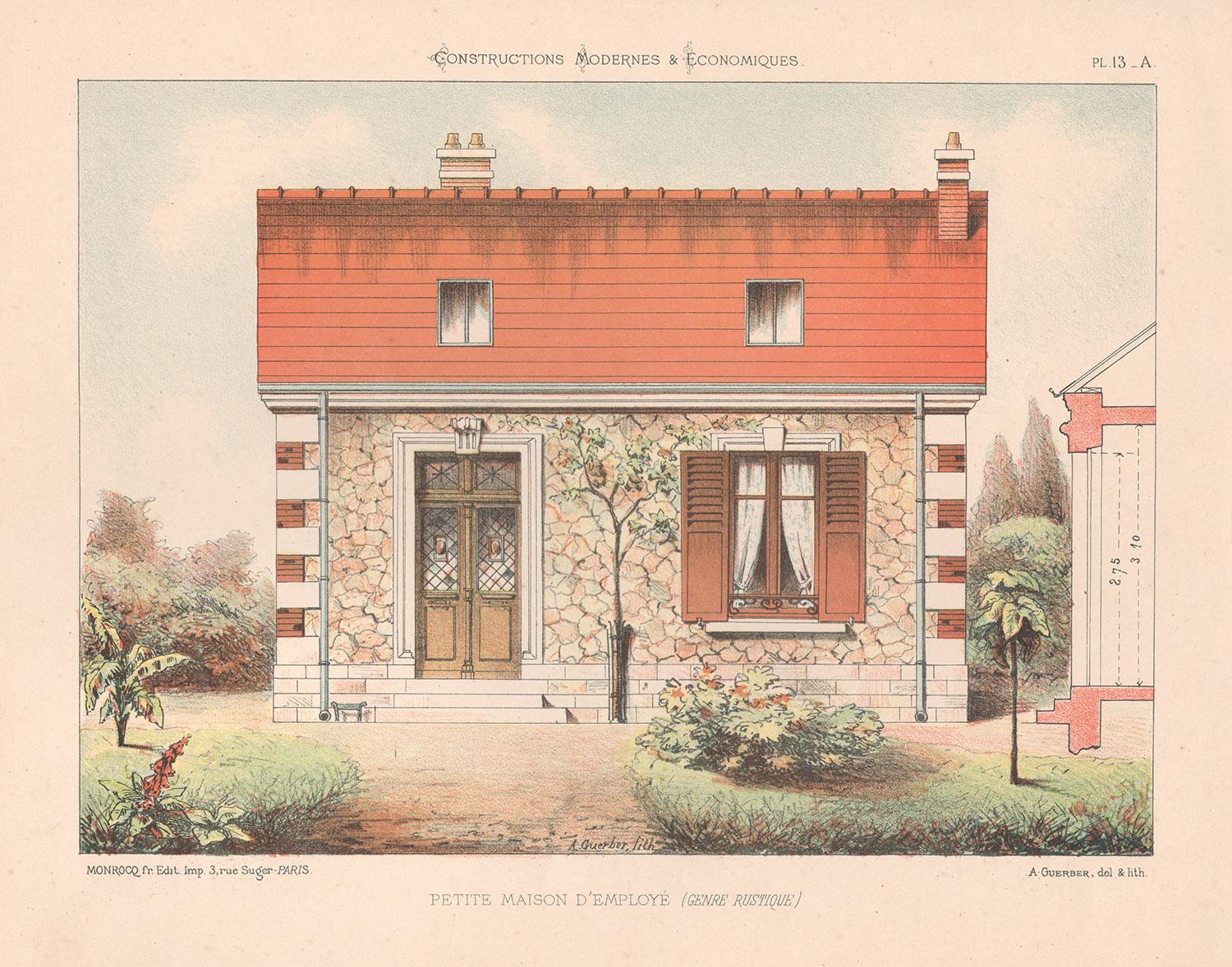 Unknown Landscape Print - French architecture house design lithograph, late 19th century, c1870