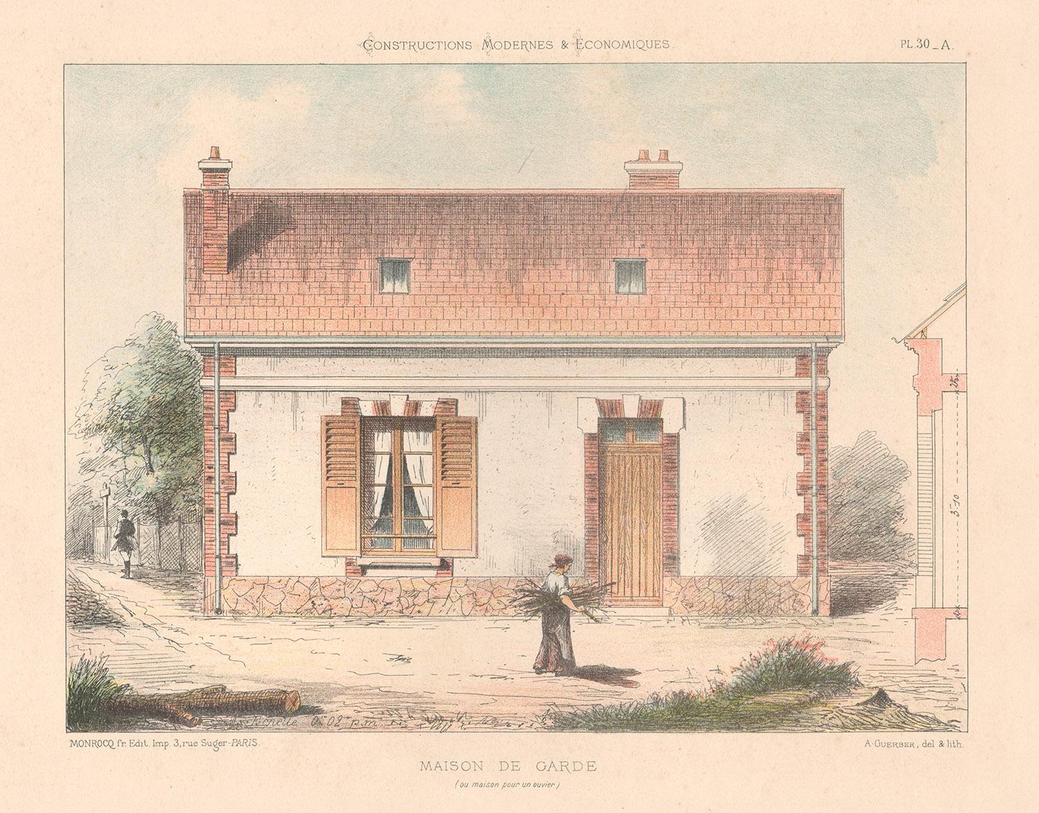 Unknown Landscape Print - French architecture house design lithograph, late 19th century, c1870