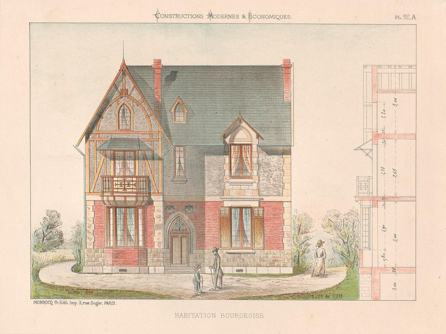 Unknown Landscape Print - French architecture house design lithograph, late 19th century, c1870