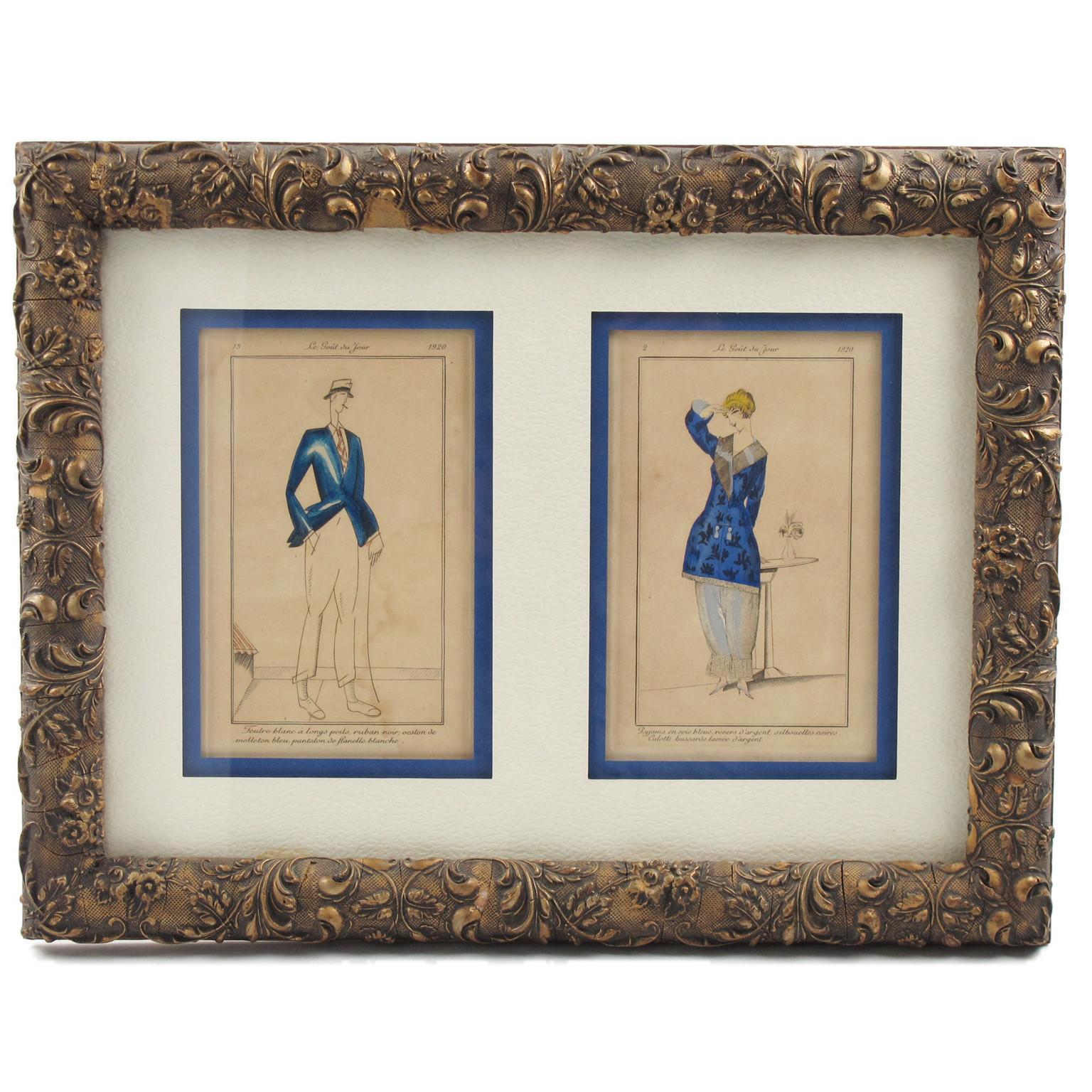 French Colored Fashion Print Les Annees Folles Outfit Framed - Brown Figurative Print by Unknown