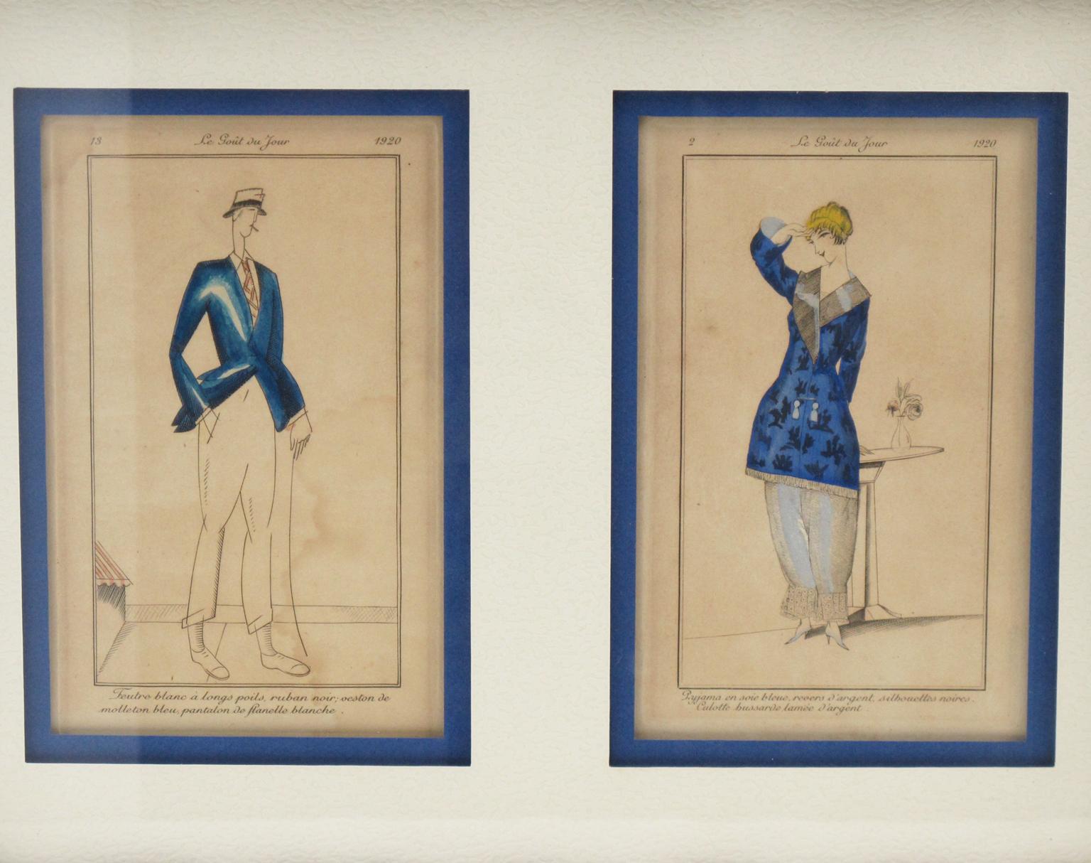 Lovely French, 1920s (Golden Twenties or Annees Folles) colored prints fashion models in original frame. Woman and man in fashion outfits named 