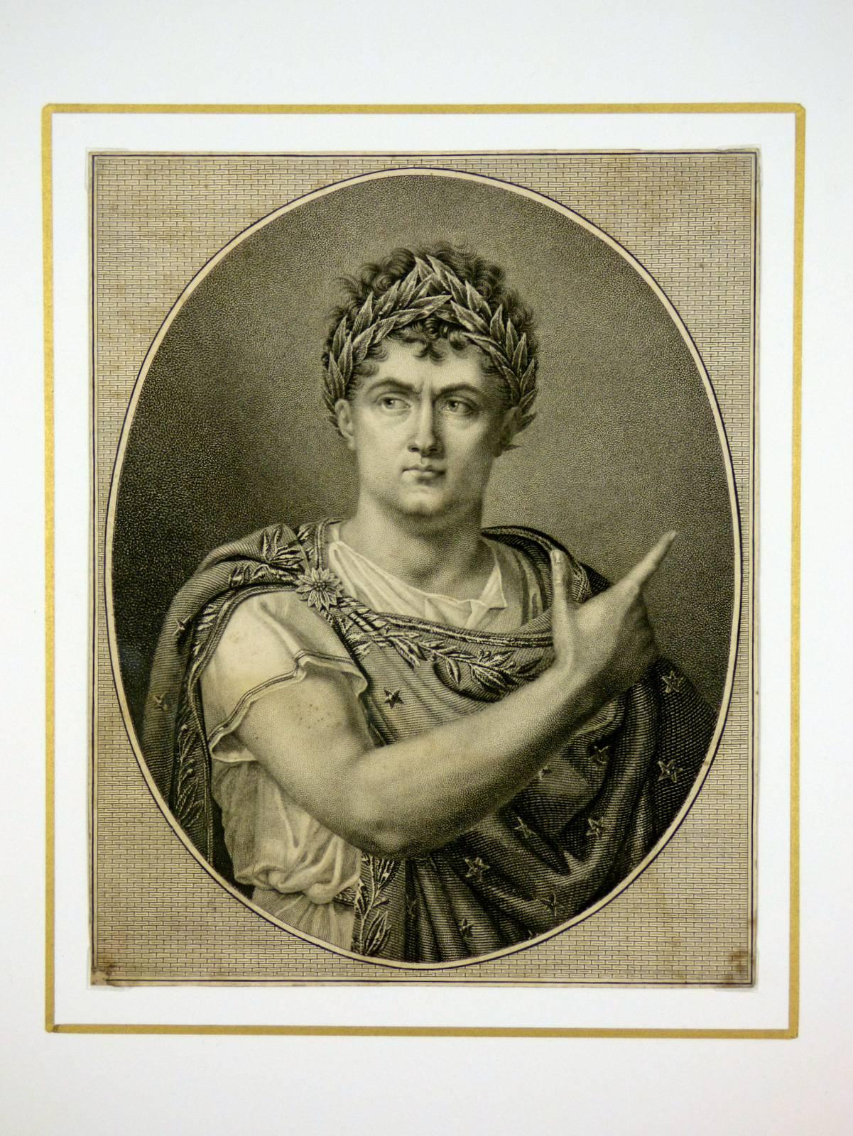 French stipple engraving portraying a stately emperor figure, circa 1830. 

Original artwork on paper displayed on a white mat with a gold border. Mat fits a standard-size frame.  Archival plastic sleeve and Certificate of Authenticity included.