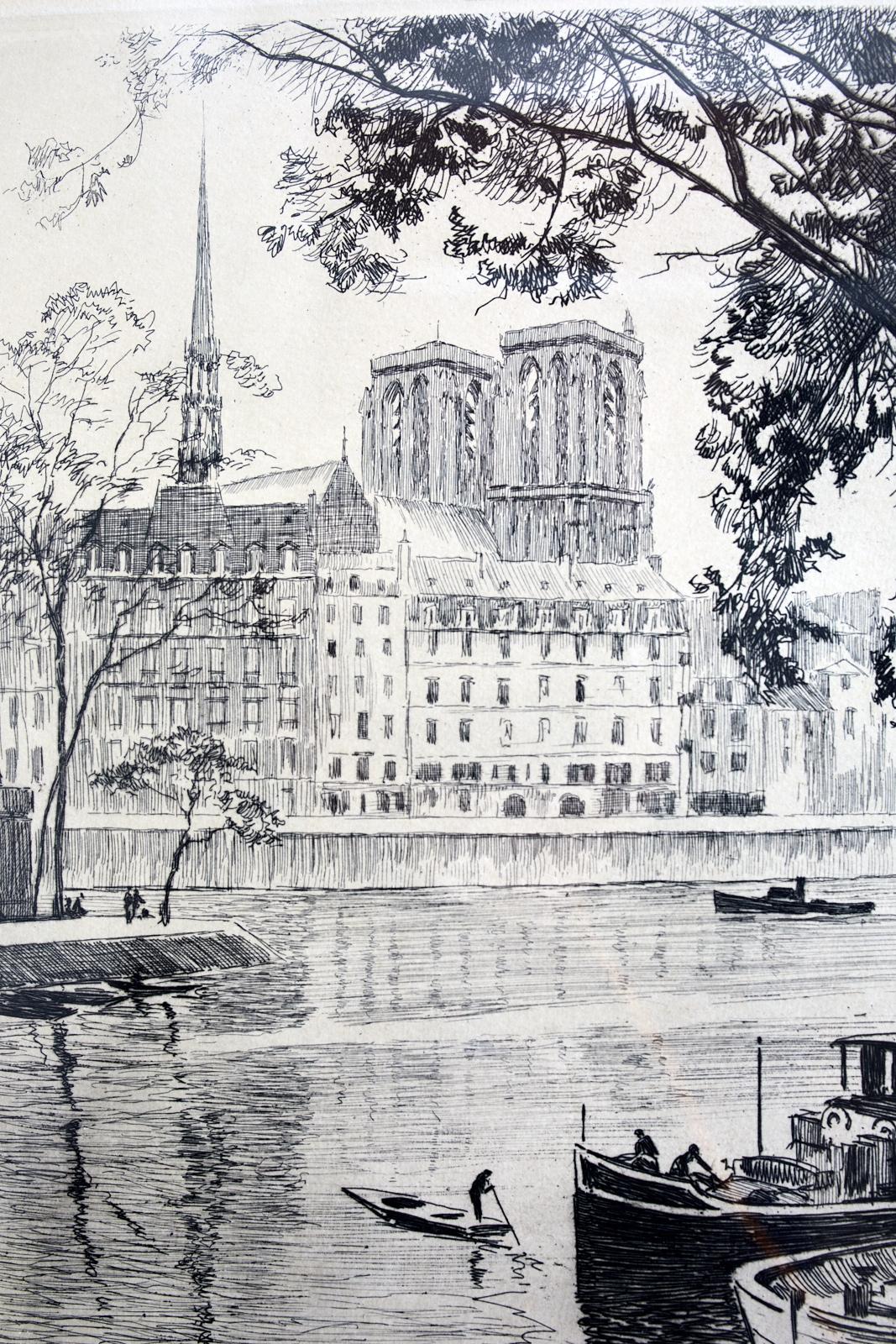 French Etching Notre Dame Seine - Print by Unknown