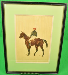 Jockey français - Chromolithographie en soie noire et capuchon rouge, colorée à la main