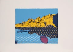Paysage français sur rivière, sérigraphie moderne de Biagio Civale