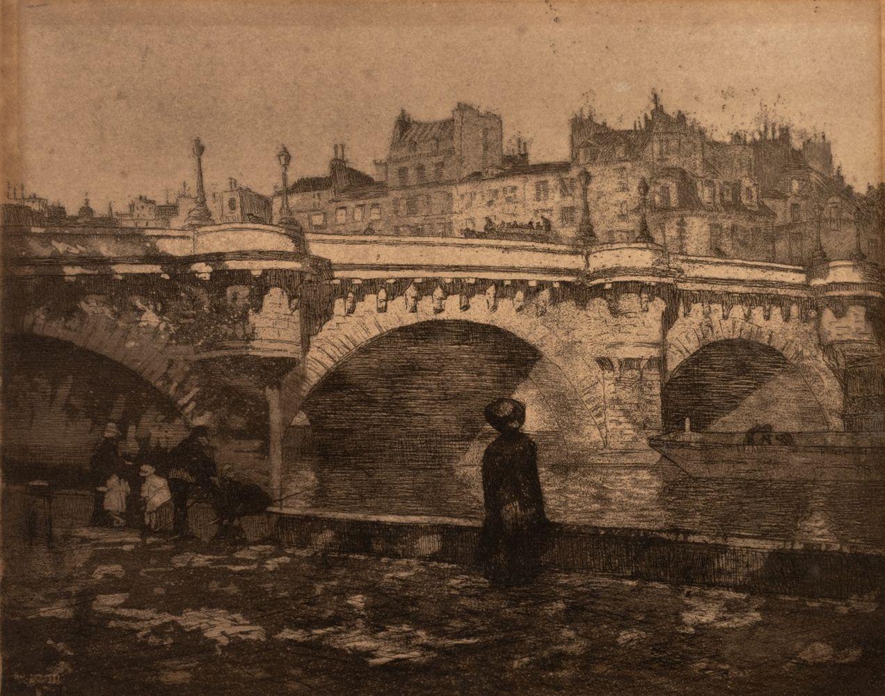 Scuola francese, Le Pont Neuf, Incisione su carta, inizio XX secolo, firmata e datata in basso a sinistra, cornice in legno. Immagine: 10,5