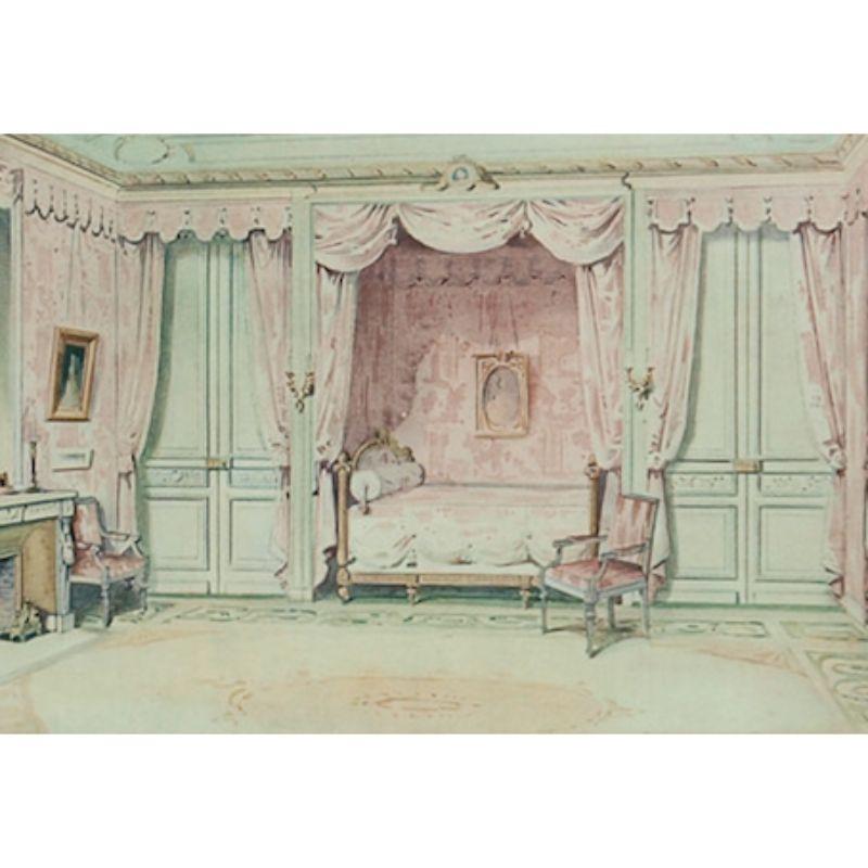 Hand-colour print depicting an elegant French lady's day bed & sitting room with fireplace in a gilt frame

Print Sz: 9 1/2