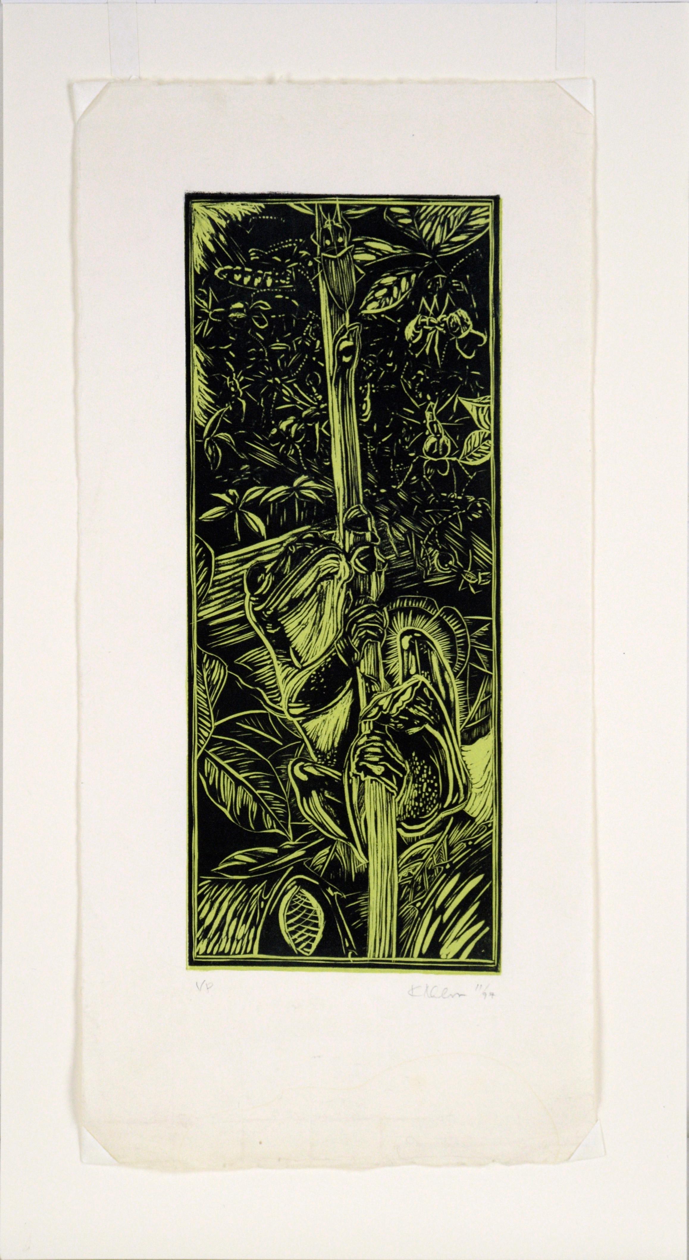 Frog on a Stalk in the Jungle - Linocut Print on Tissue Paper (proof) For Sale 4