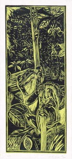 Frog on a Stalk in the Jungle - Linocut Print on Tissue Paper (proof)