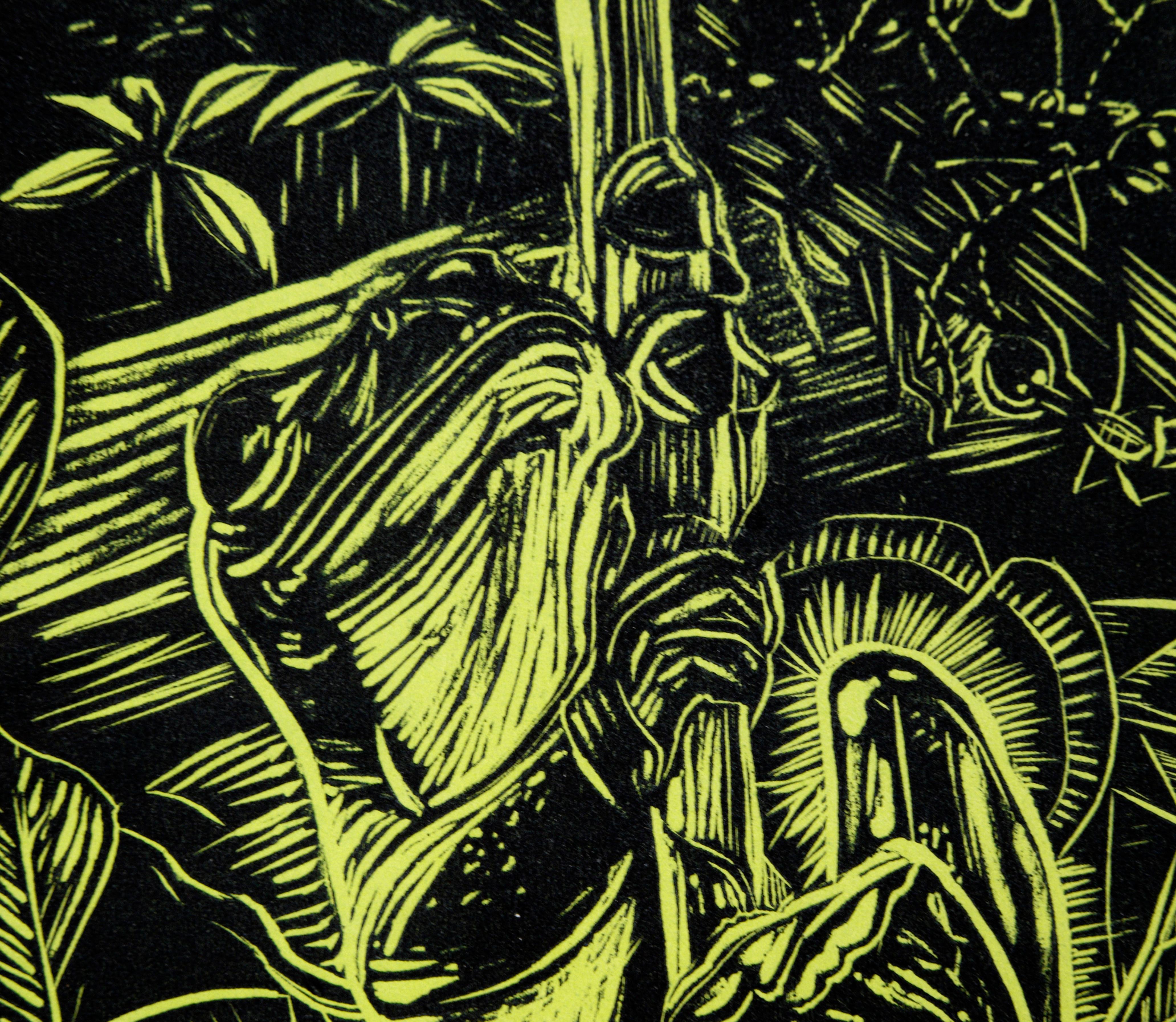 Frog on a Stalk in the Jungle - Linocut Print on Tissue Paper (proof) - Black Landscape Print by Unknown