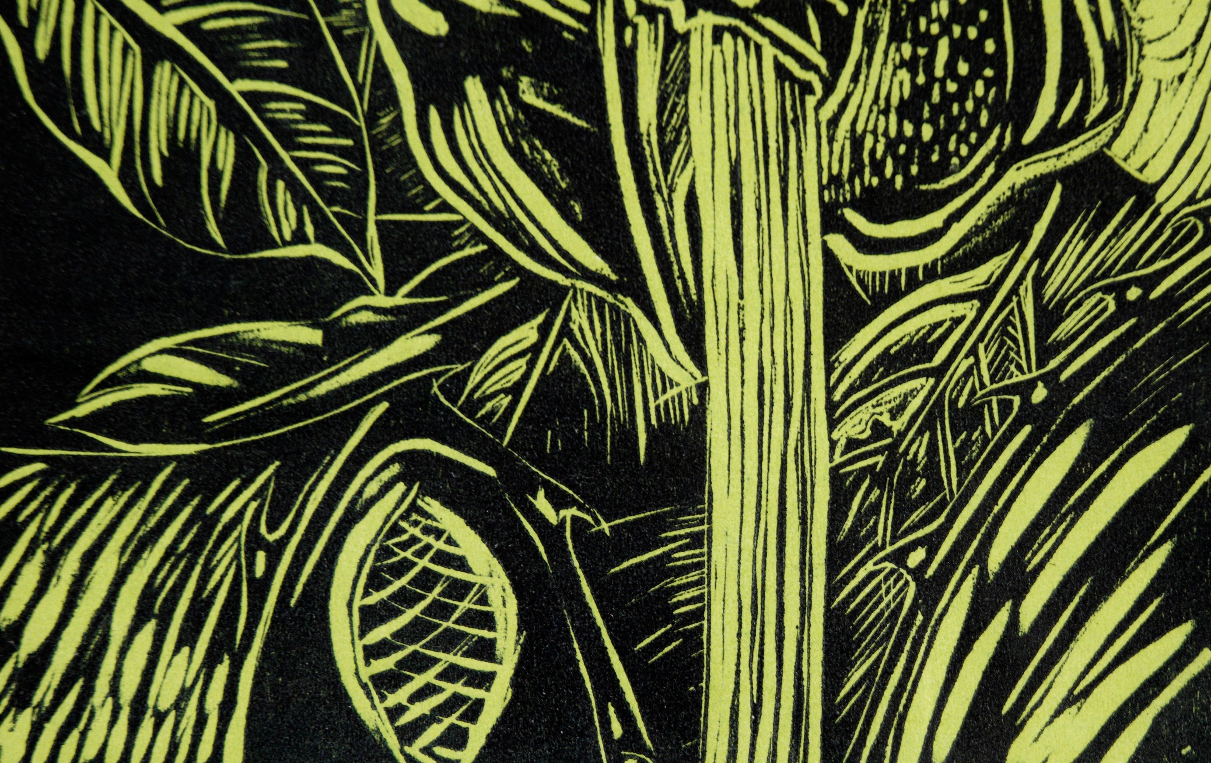 Frog on a Stalk in the Jungle - Linocut Print on Tissue Paper (proof) For Sale 1