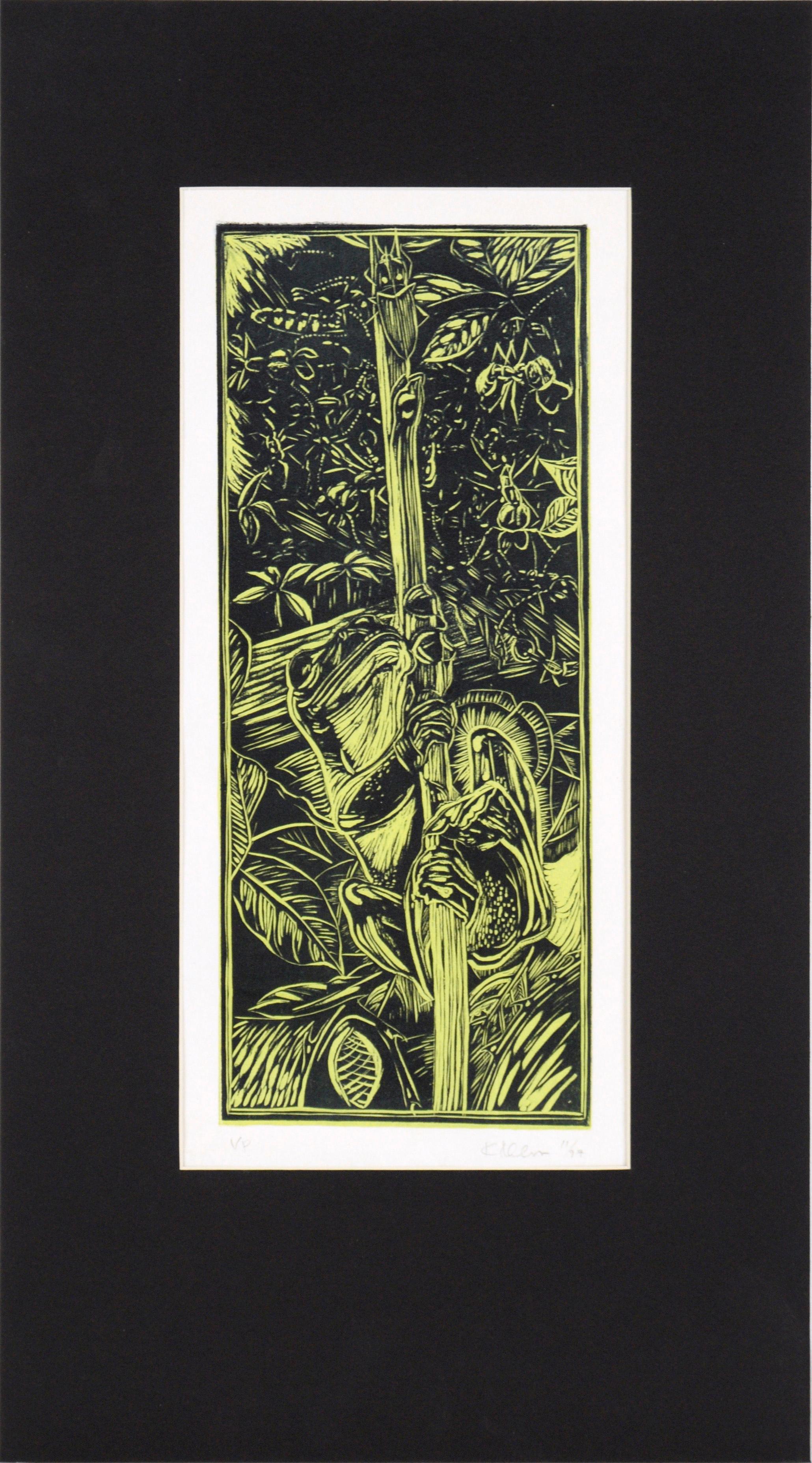 Frog on a Stalk in the Jungle - Linocut Print on Tissue Paper (proof)