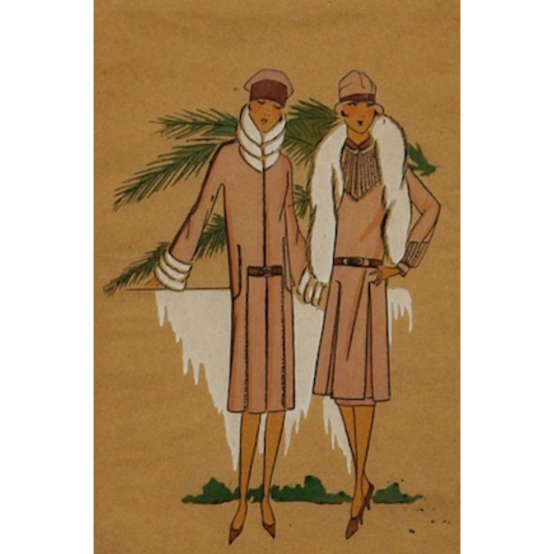 Art deco c1926 Tres Parisien Mode Pochoir Nr. 8 mit Gouache Highlights, die zwei schicke Damen des Tages darstellen

Kunst Sz: 10 1/2 