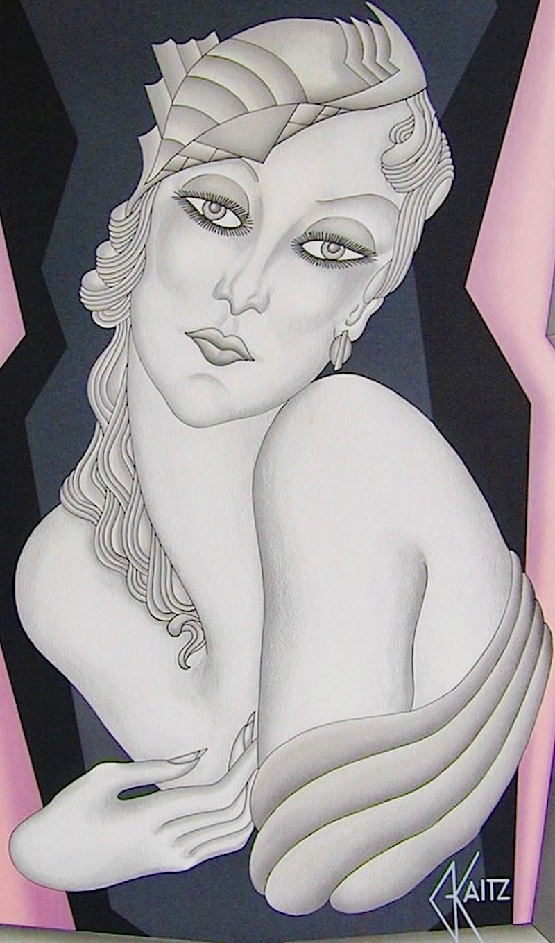 GATSBY GIRL 1984 è un poster litografico originale disegnato a mano e stampato su carta da stampa d'archivio 100% priva di acidi, creato dall'artista Gustave Kaitz, maestro dell'Art Déco americano 1913-1992. Le tavole a colori sono state disegnate a
