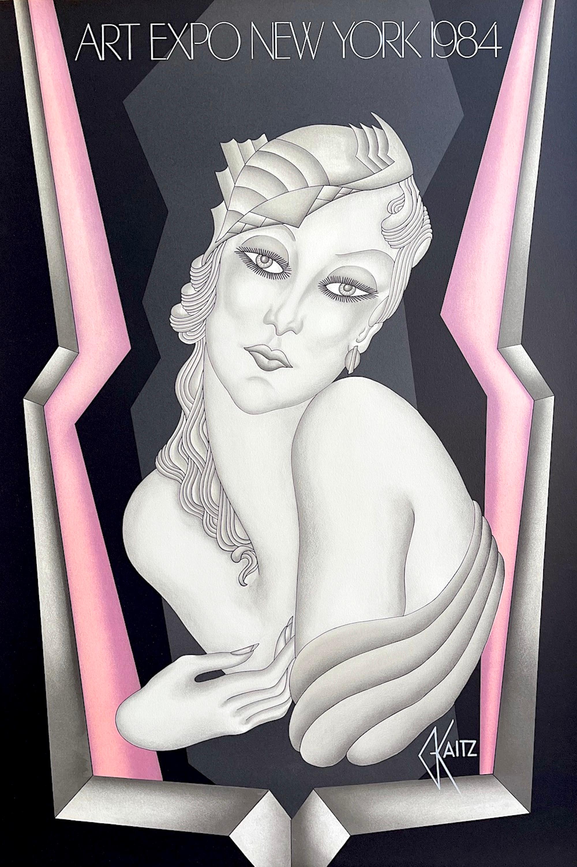 Unknown Interior Print – GATSBY GIRL Lithographie, Glamour Boudoir-Porträt im Art-déco-Stil, Rosa, Schwarz, Schwarz und Grau