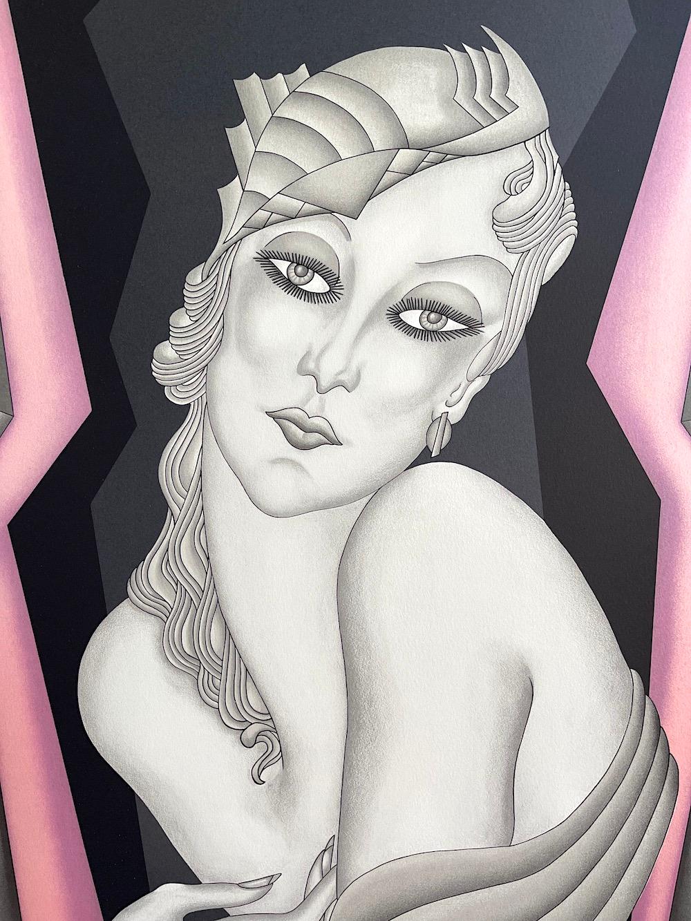 GATSBY GIRL Lithographie, Glamour Boudoir Portrait Art Deco Style Rose Noir Gris - Print de Unknown